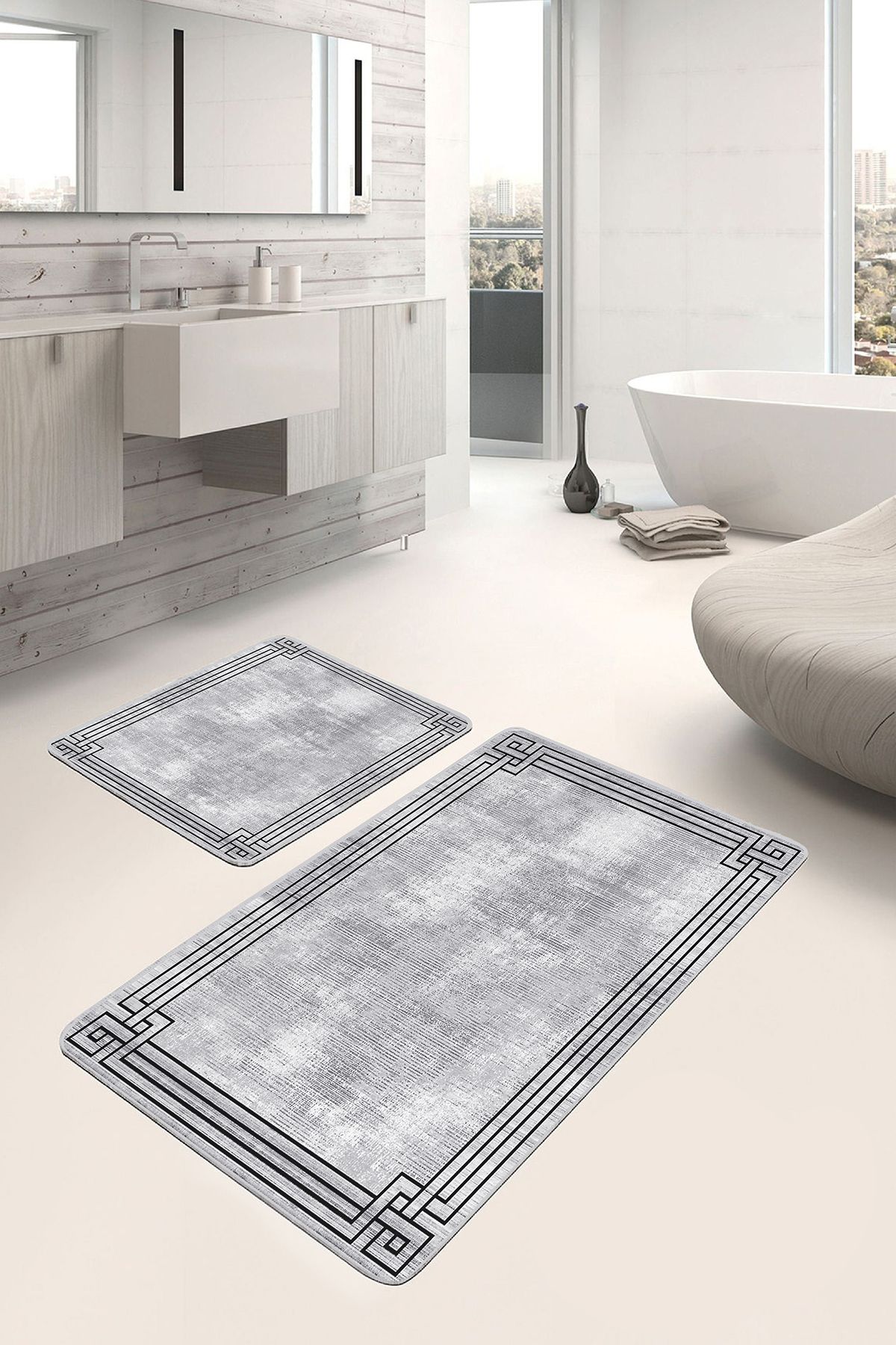 Realhomes 2'li Gri Zeminde Çerçeveli Motifli Antik Desenli Geometrik Klasik 2'li Banyo & Mutfak Paspas Takımı