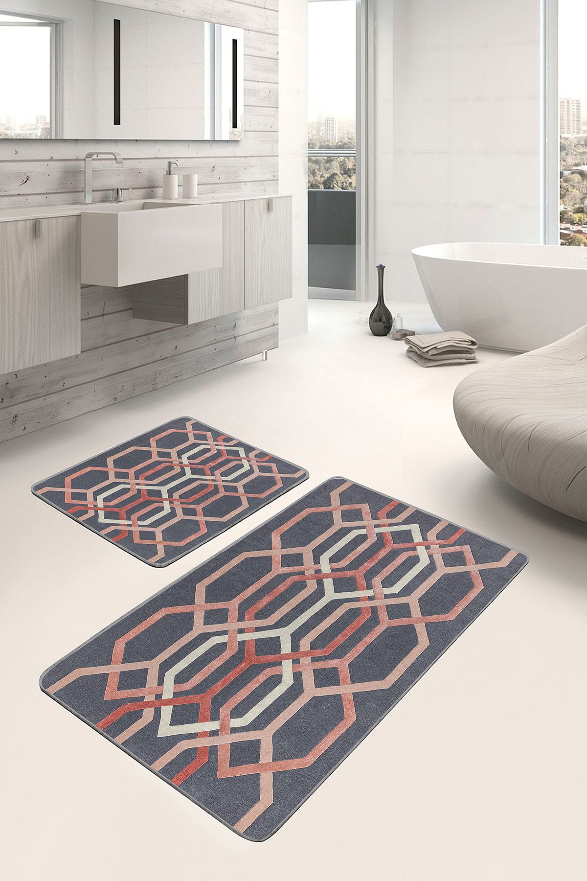 Realhomes Kremit - Gri Zeminde Geometrik Motifli Örgü Geometrik Sade & Şık 2'li Banyo & Mutfak Paspas Takımı