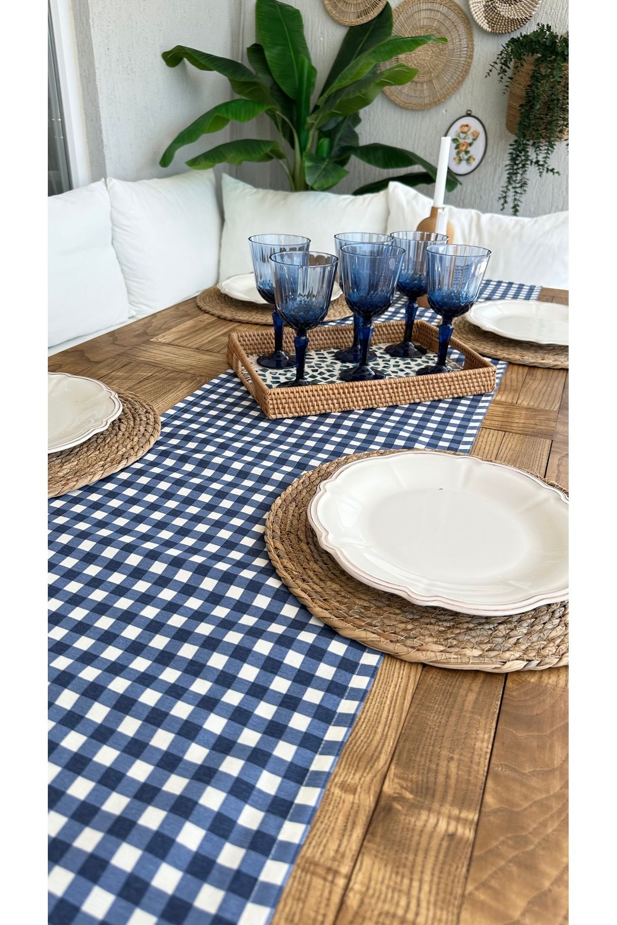 Decamor home Leke Tutmaz Sıvı Geçirmez Pötikareli Lacivert Runner
