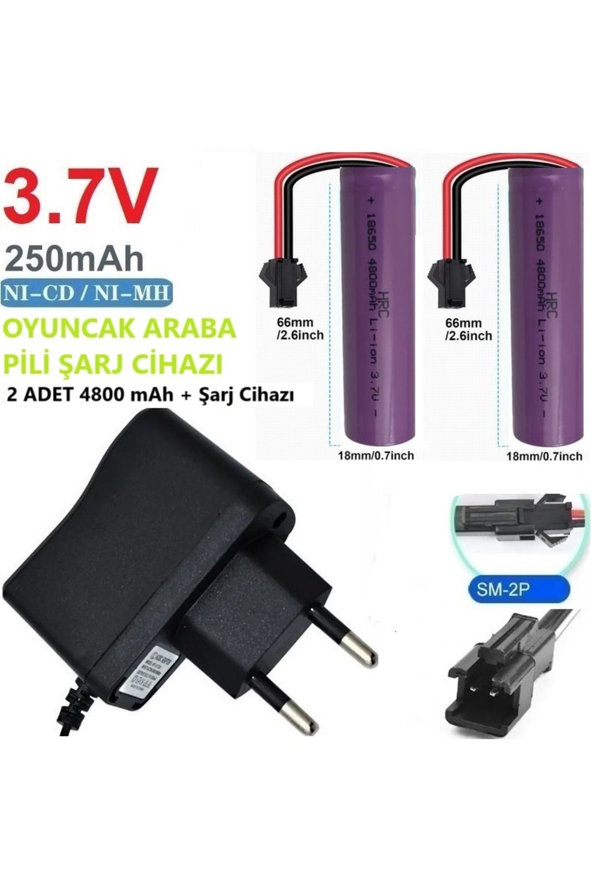 Day Oyuncak Araba Pili Şarj Cihazı + 2 ADET 4800 mAh 3.7V 18650 Li-Ion Pil