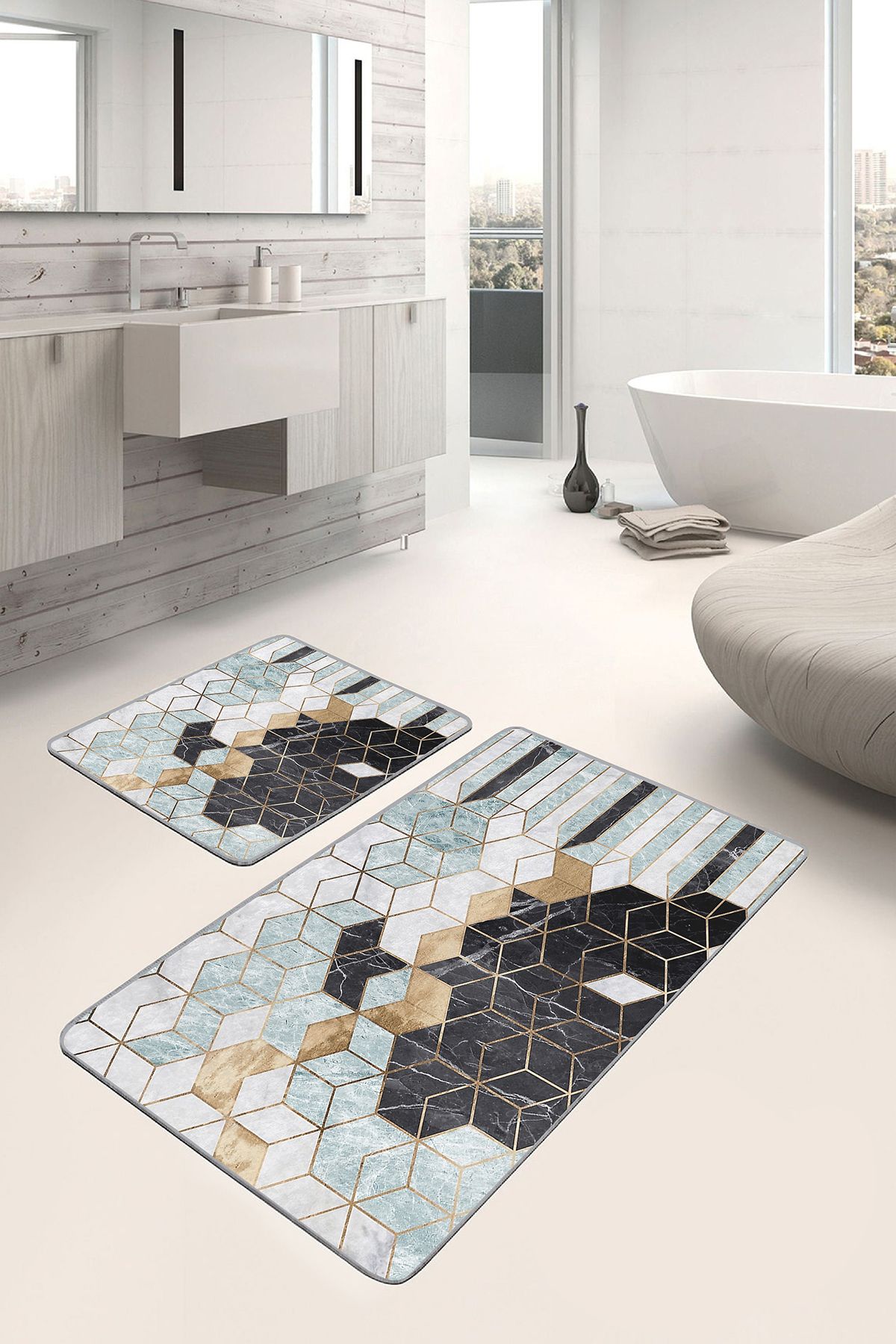 Realhomes 2'li Set Gold- Siyah Zeminde Mozaik Motifli Geometrik Geometrik Klasik 2'li Banyo Paspas Takımı
