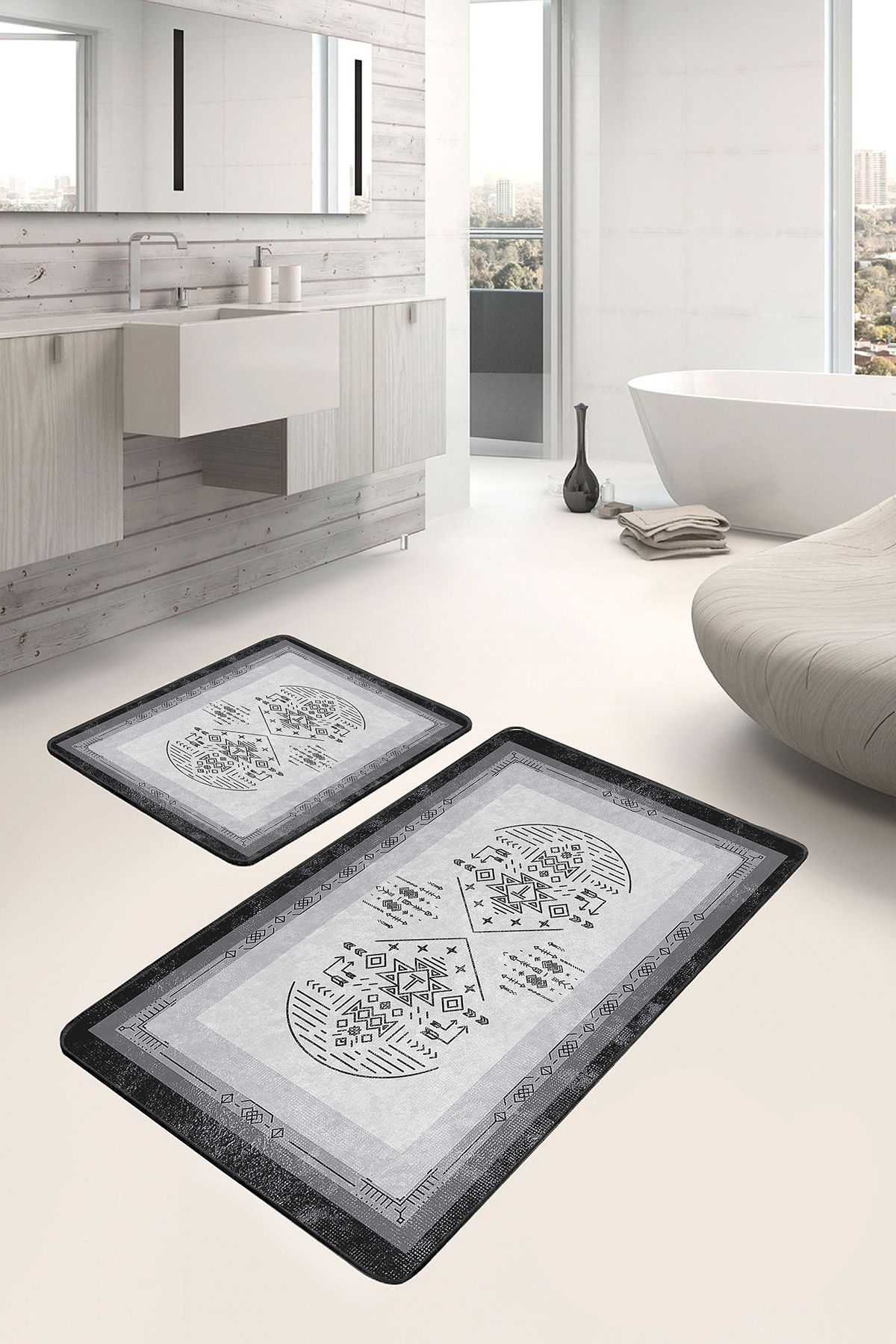 Realhomes Siyah- Gri Zeminde Çerçeveli Motifli Otantik Desenli Etnik Motifler Vintage 2'li Banyo Paspas Takımı
