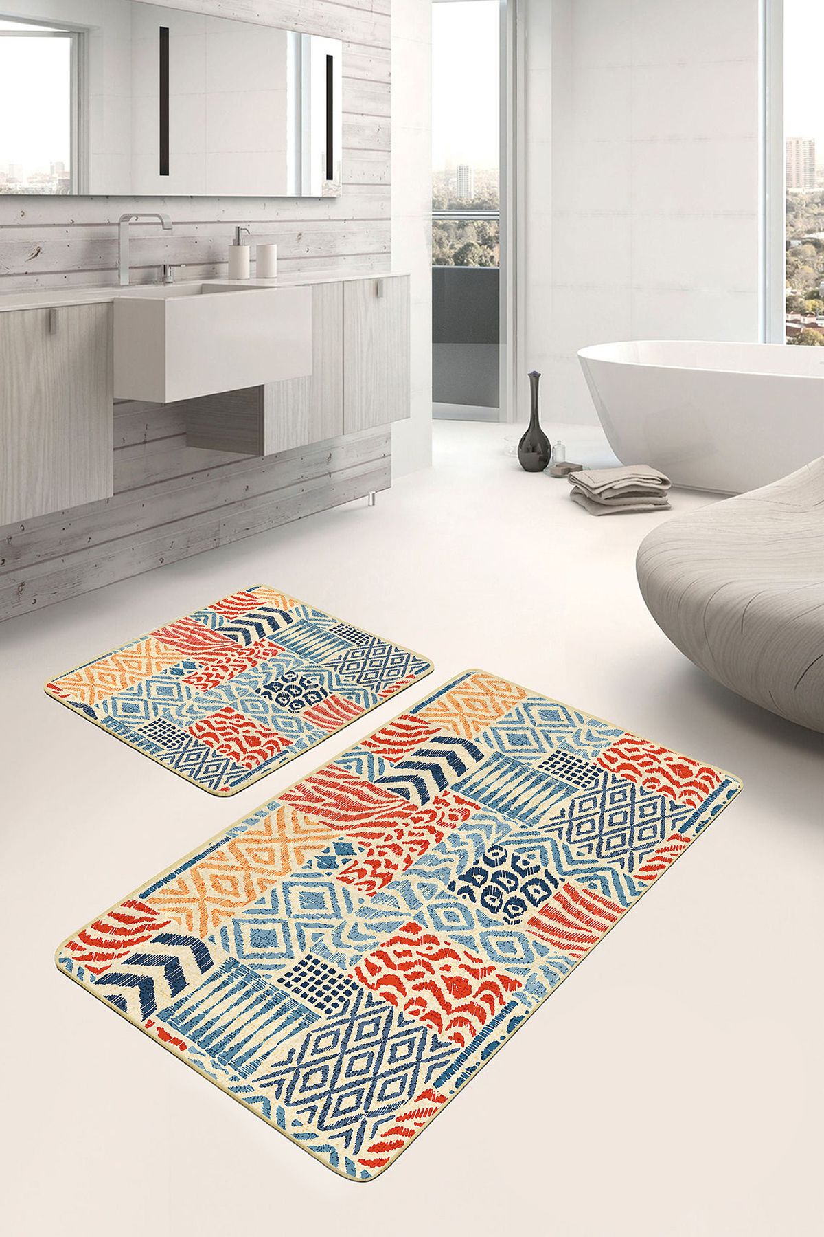 Realhomes 2'li Set Krem Zeminde Patchwork Motifli Patchwork Desenli Geometrik Klasik 2'li Banyo Paspas Takımı