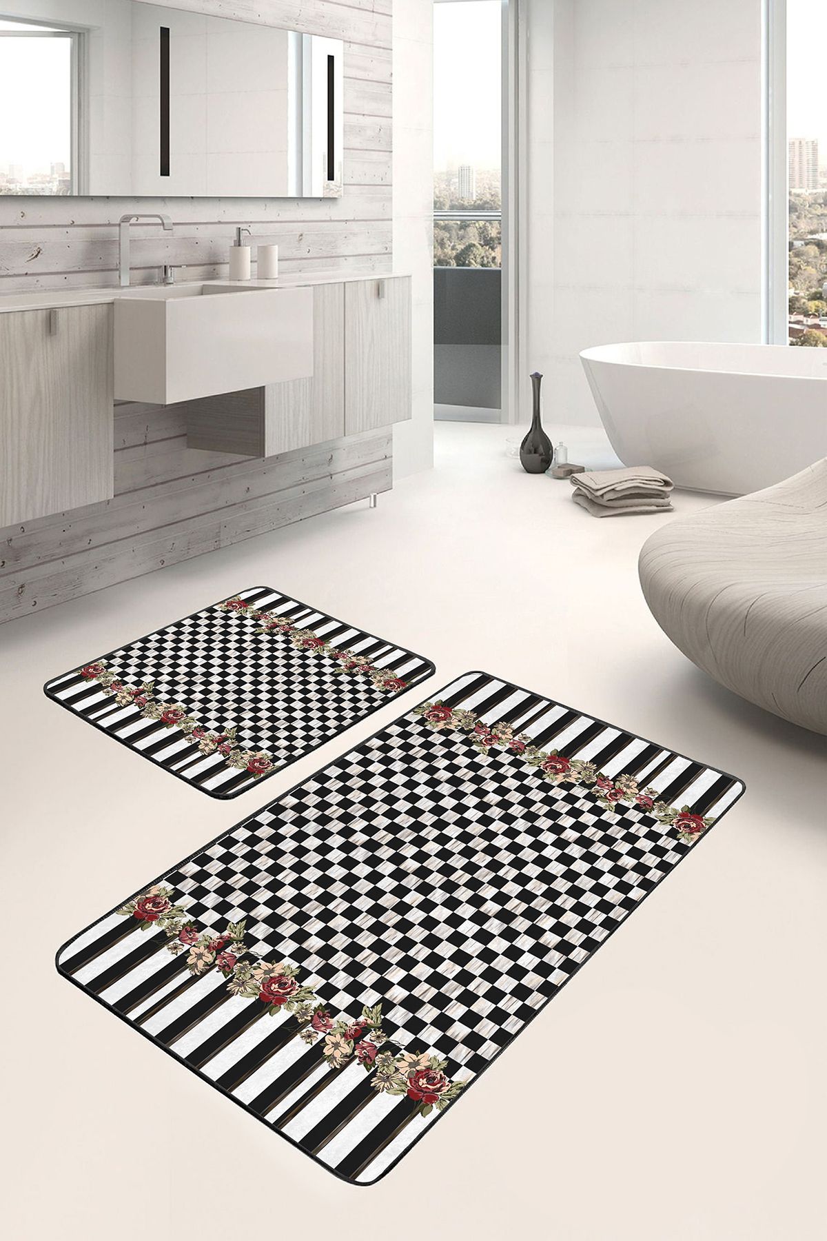 Realhomes 2'li Siyah Zeminde Damalı Motifli Çiçek Desenli Geometrik Floral 2'li Banyo & Mutfak Paspas Takımı