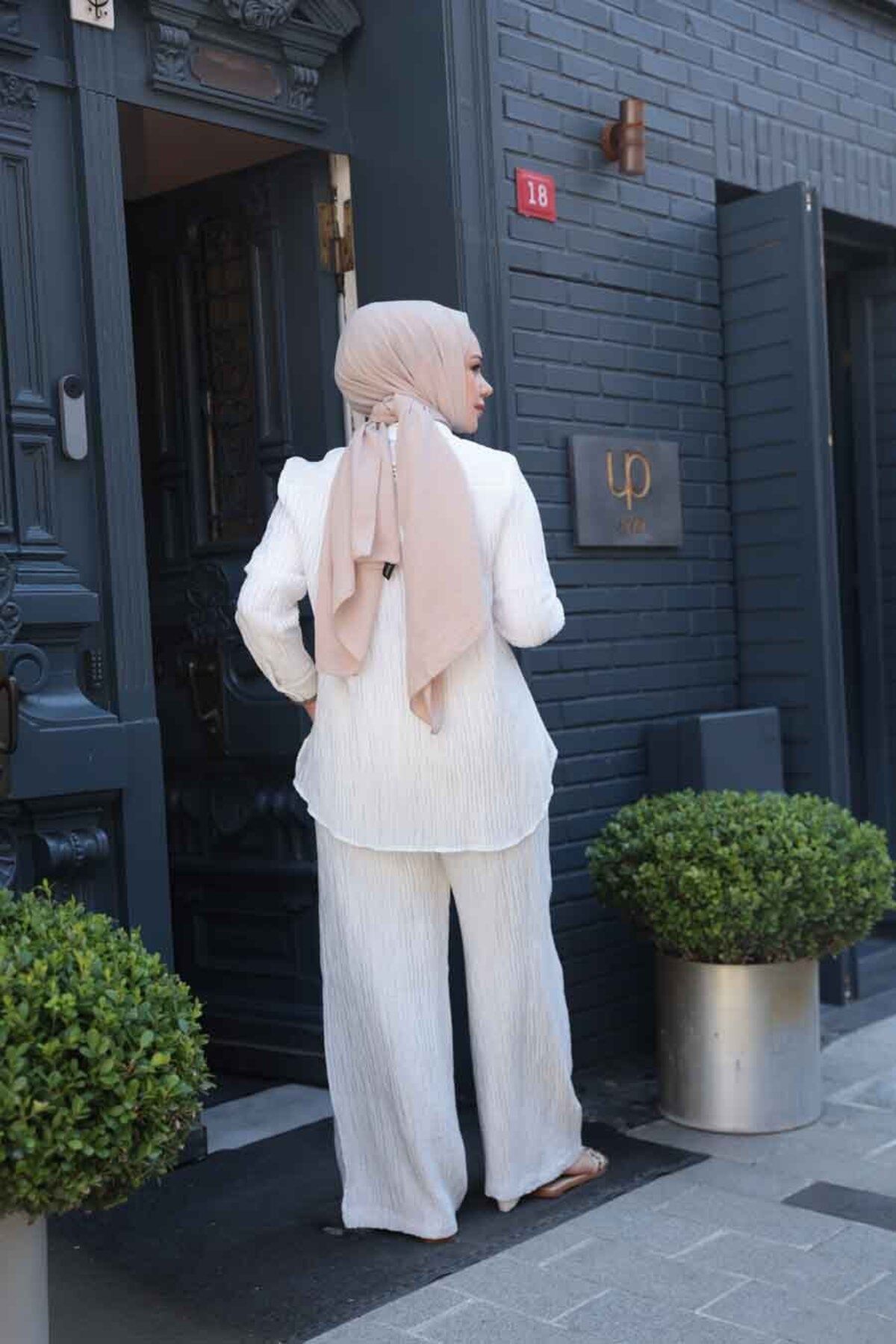 N.S NEVA STYLE-White Hijab Double Set with Stripe Detail 32336B 4