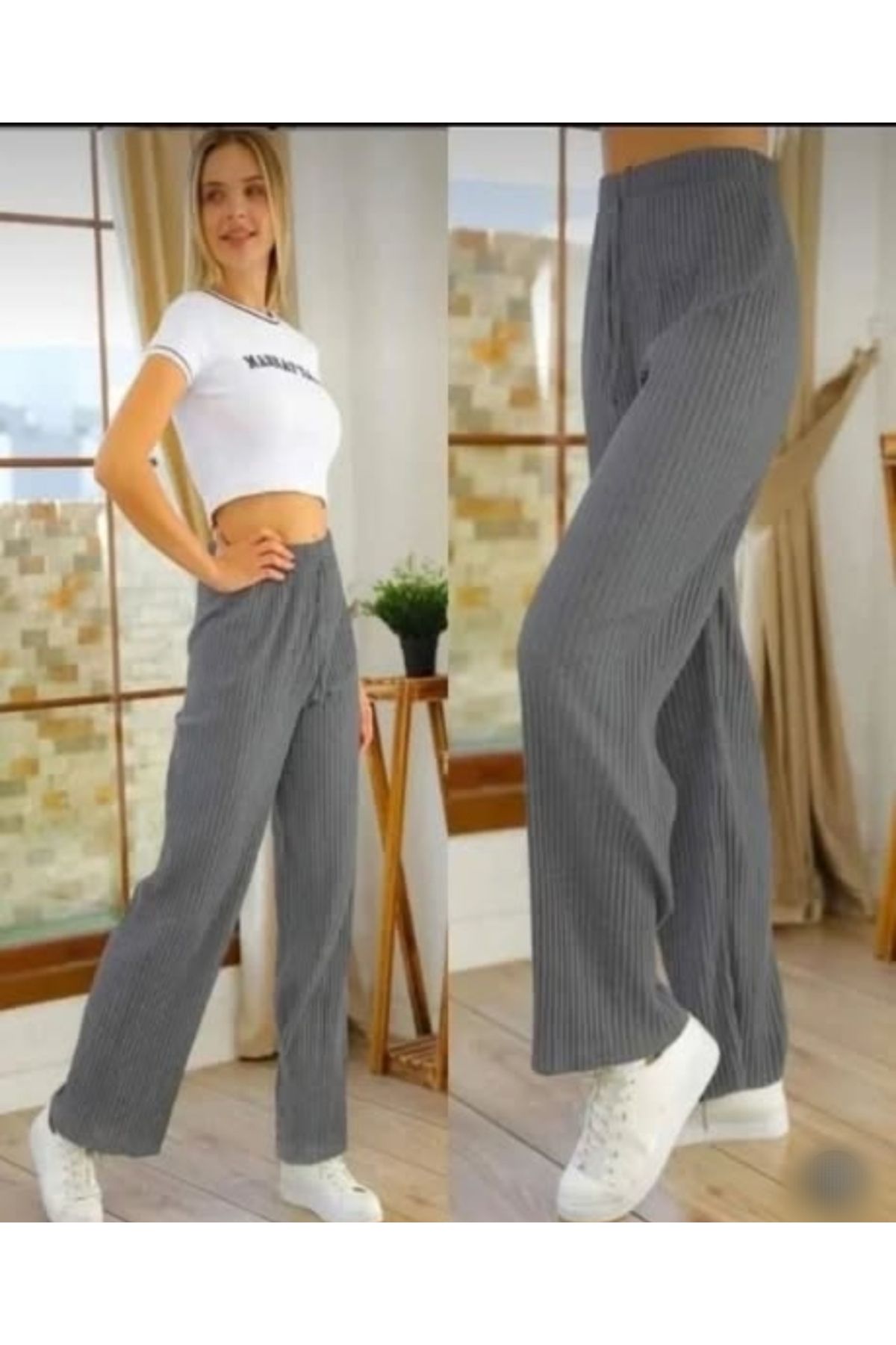 DHDmoda Kadın Koyu Gri Fitilli İnce Kumaş Eşofman Altı