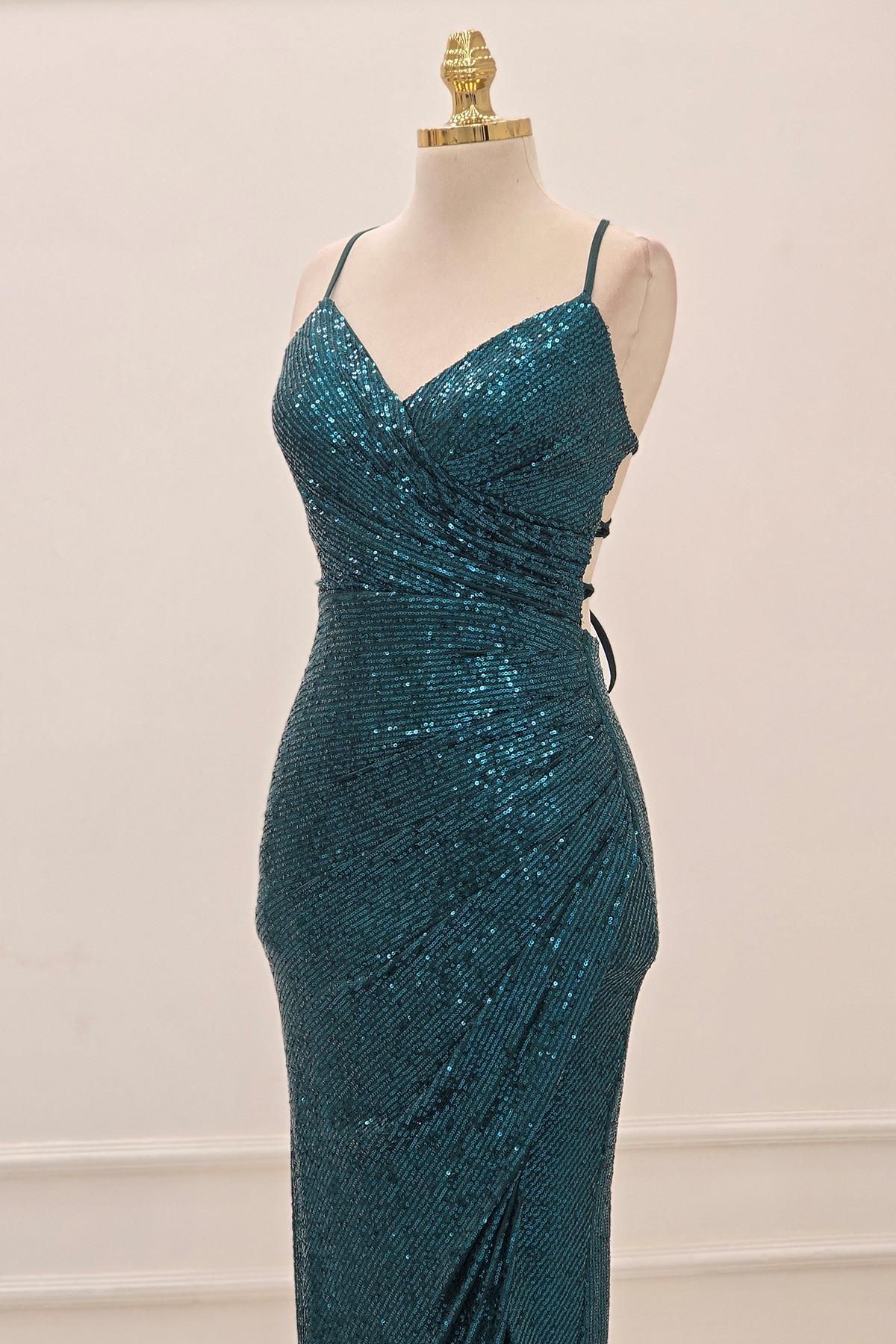 Yonca Moda Evi Zümrüt Arkası İpli Payetli Abiye 520016