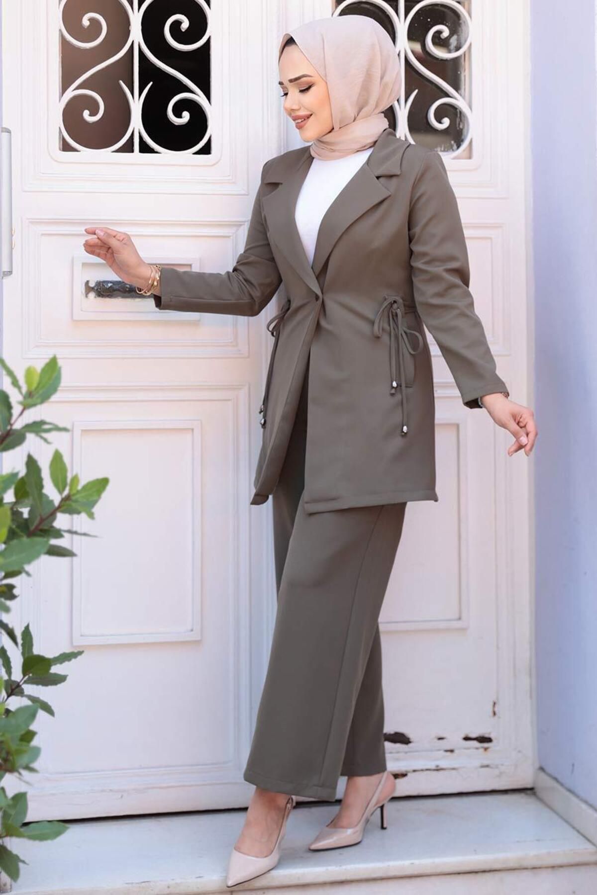 N.S NEVA STYLE Ceketli Haki Tesettür İkili Takım 62221HK
