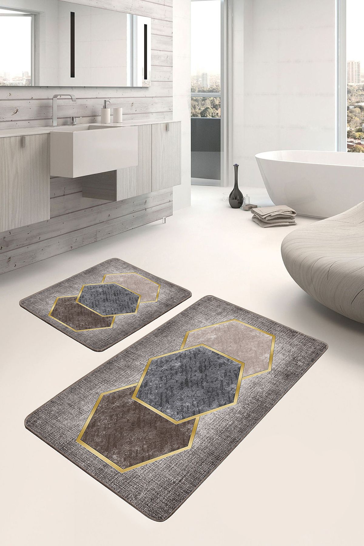 Realhomes 2'li Set Kahverengi Zeminde Altıgen Motifli Geometrik Geometrik Klasik 2'li Banyo Paspas Takımı