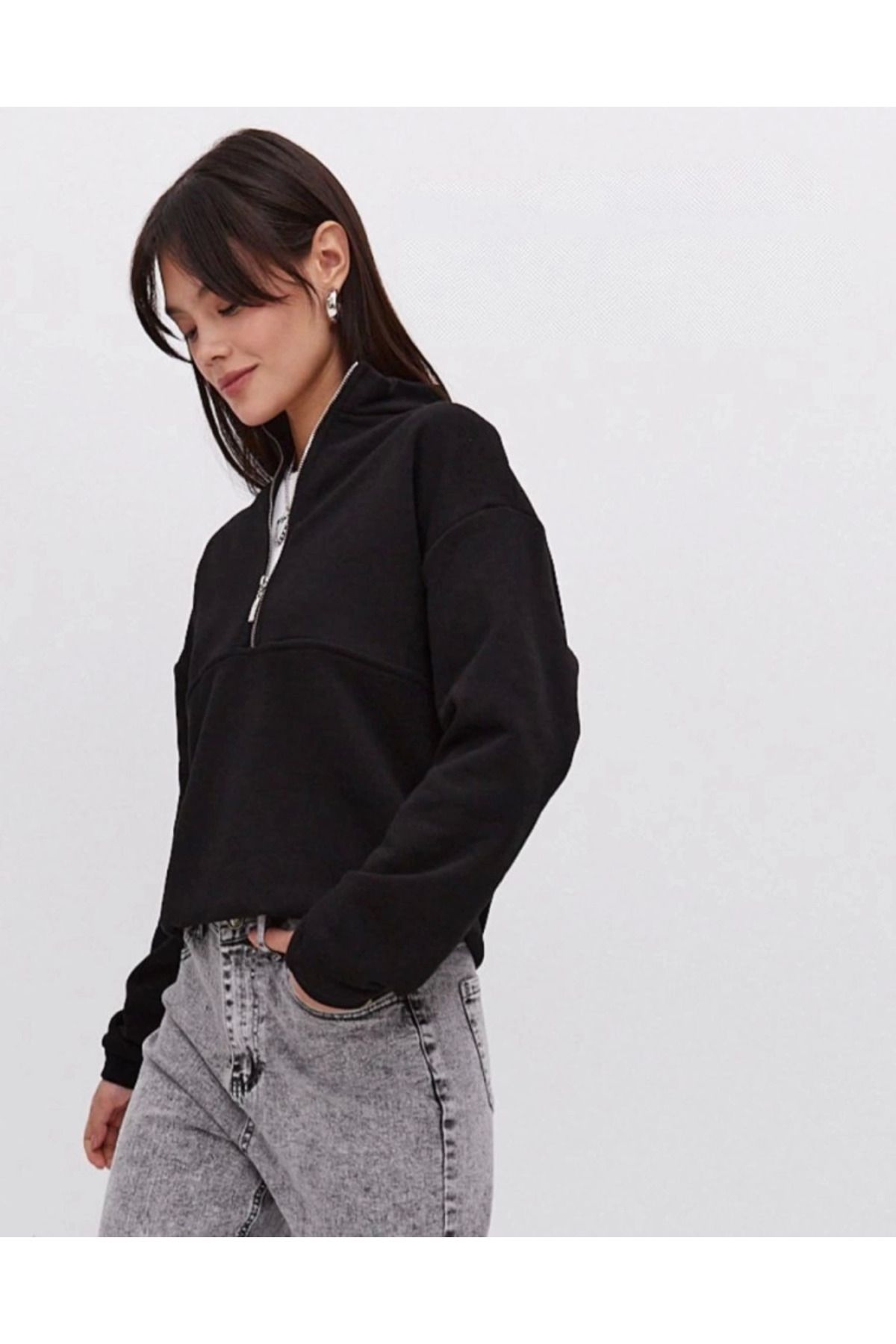 ZORM Siyah Oversize Yarım Fermuarlı Basic Sweatshirt