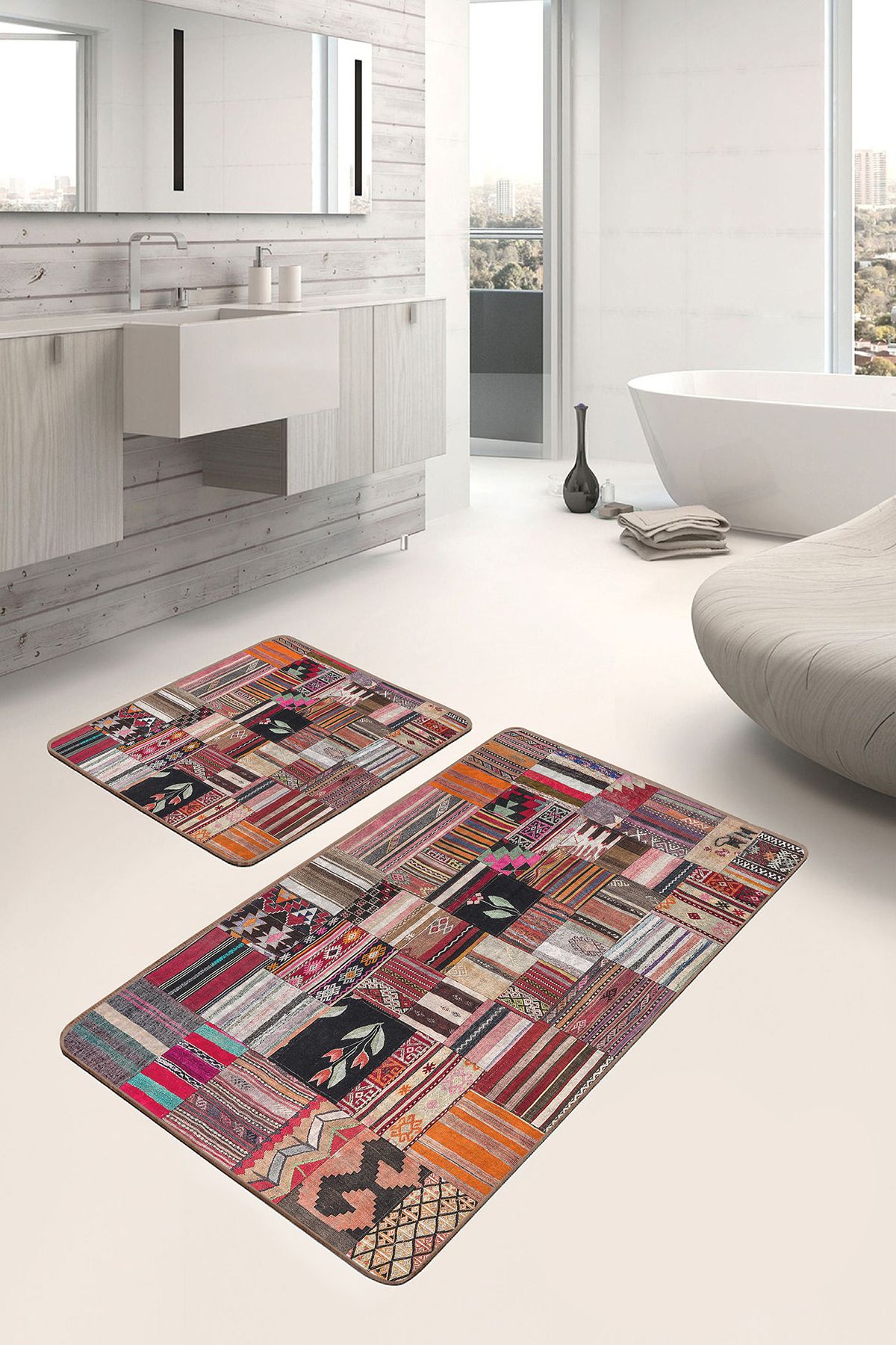 Realhomes Siyah - Beyaz Zeminde Kırkyama Motifli Patchwork Desenli Vintage Sade & Şık 2'li Banyo Paspas Takımı