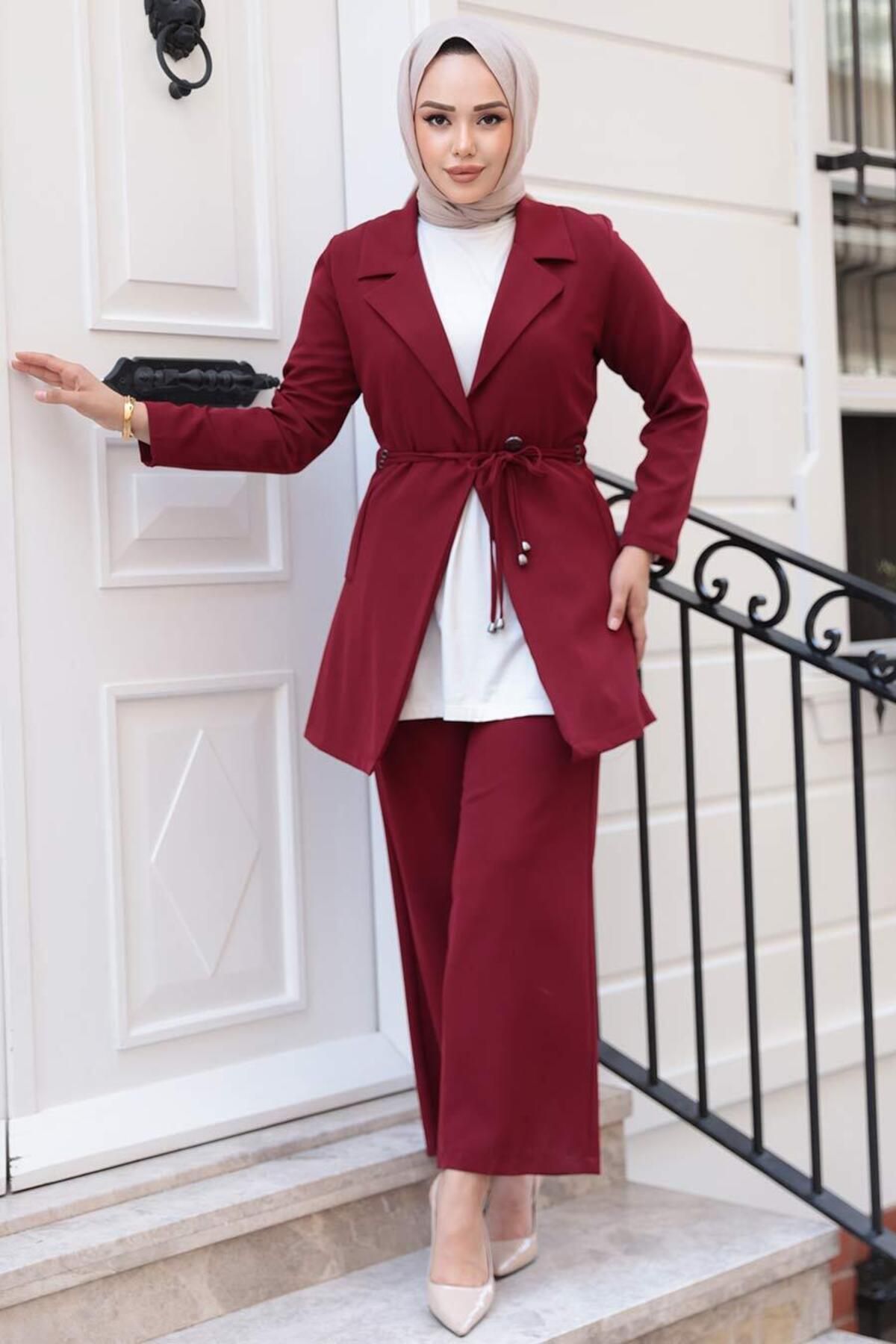 N.S NEVA STYLE Ceketli Bordo Tesettür İkili Takım 62221BR