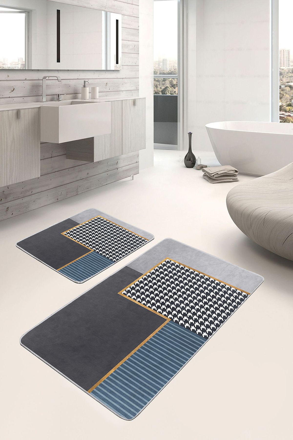 Realhomes Gri Zeminde Geometrik Motifli Kazayağı Desenli Geometrik Klasik 2'li Banyo & Mutfak Paspas Takımı