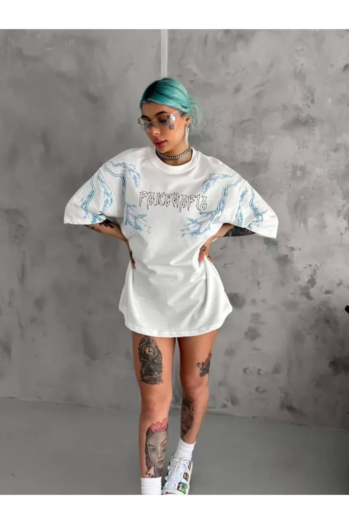 ZORM Bisiklet Desenli Oversize Beyaz T-Shirt
