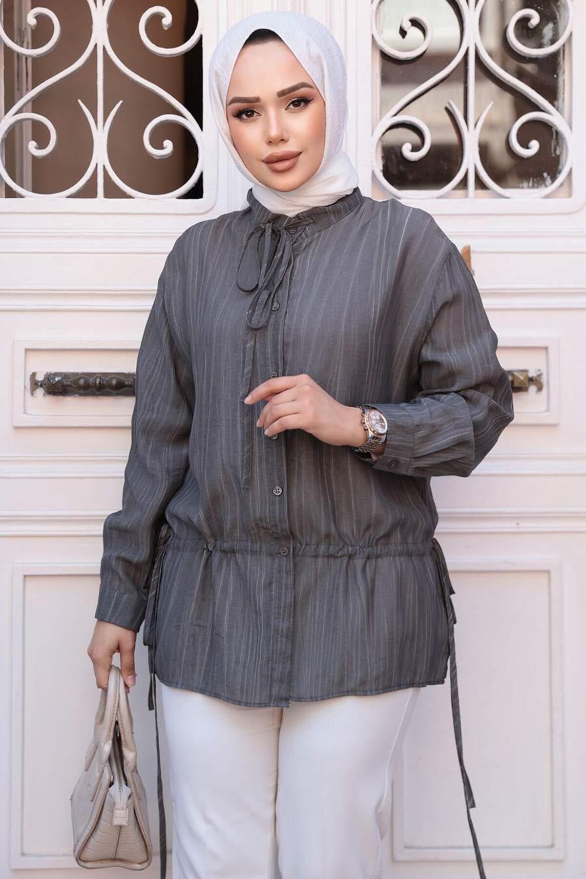 N.S NEVA STYLE Düğmeli Füme Tesettür Gömlek 32358FU