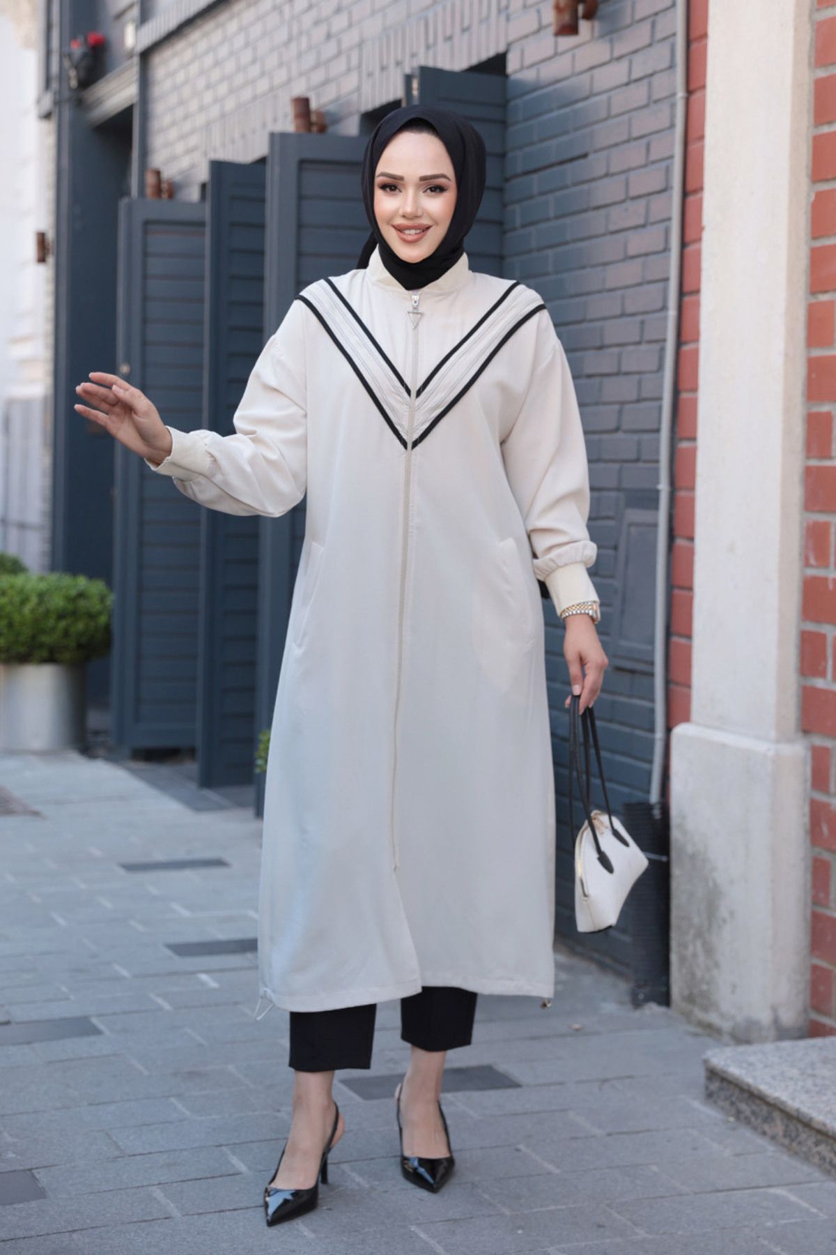 N.S NEVA STYLE-Fitted Beige Hijab Coat 15201Beige 2