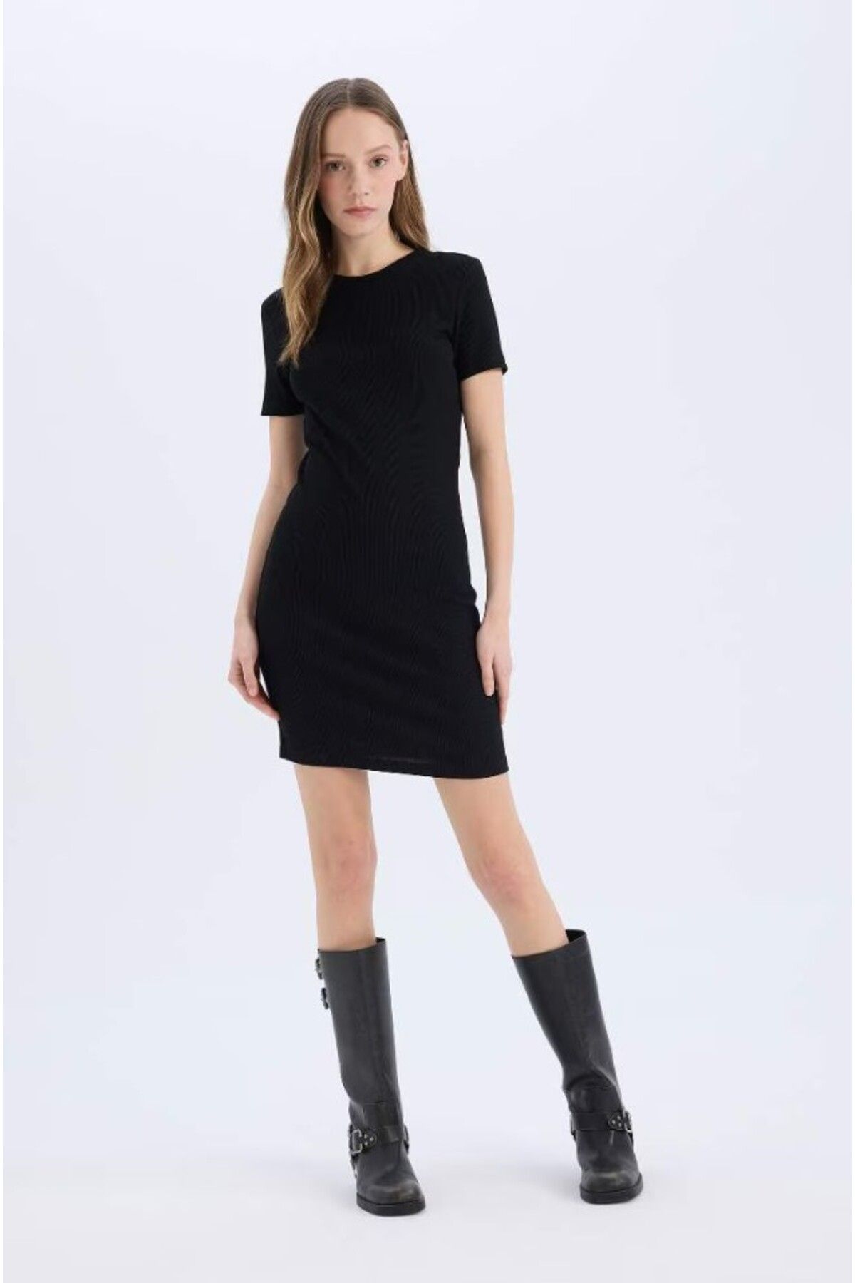 DeFacto Mini Elbise Vücudu Saran Kaşkorse Bodycon Bisiklet Yaka Fitilli Kısa Kollu