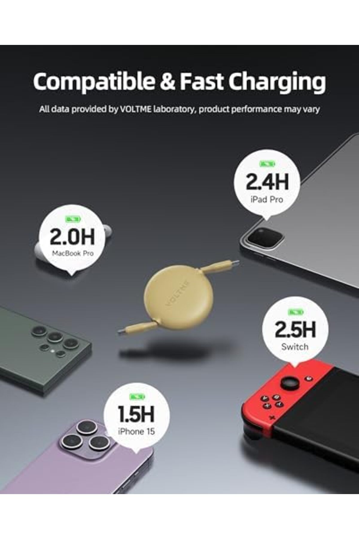 VOLTME-كابل USB C قابل للسحب بقوة 100 وات، بطول 1 متر، سلك شحن سريع PD 5A، USB C إلى USB C لسلسلة iPhone 16، 8