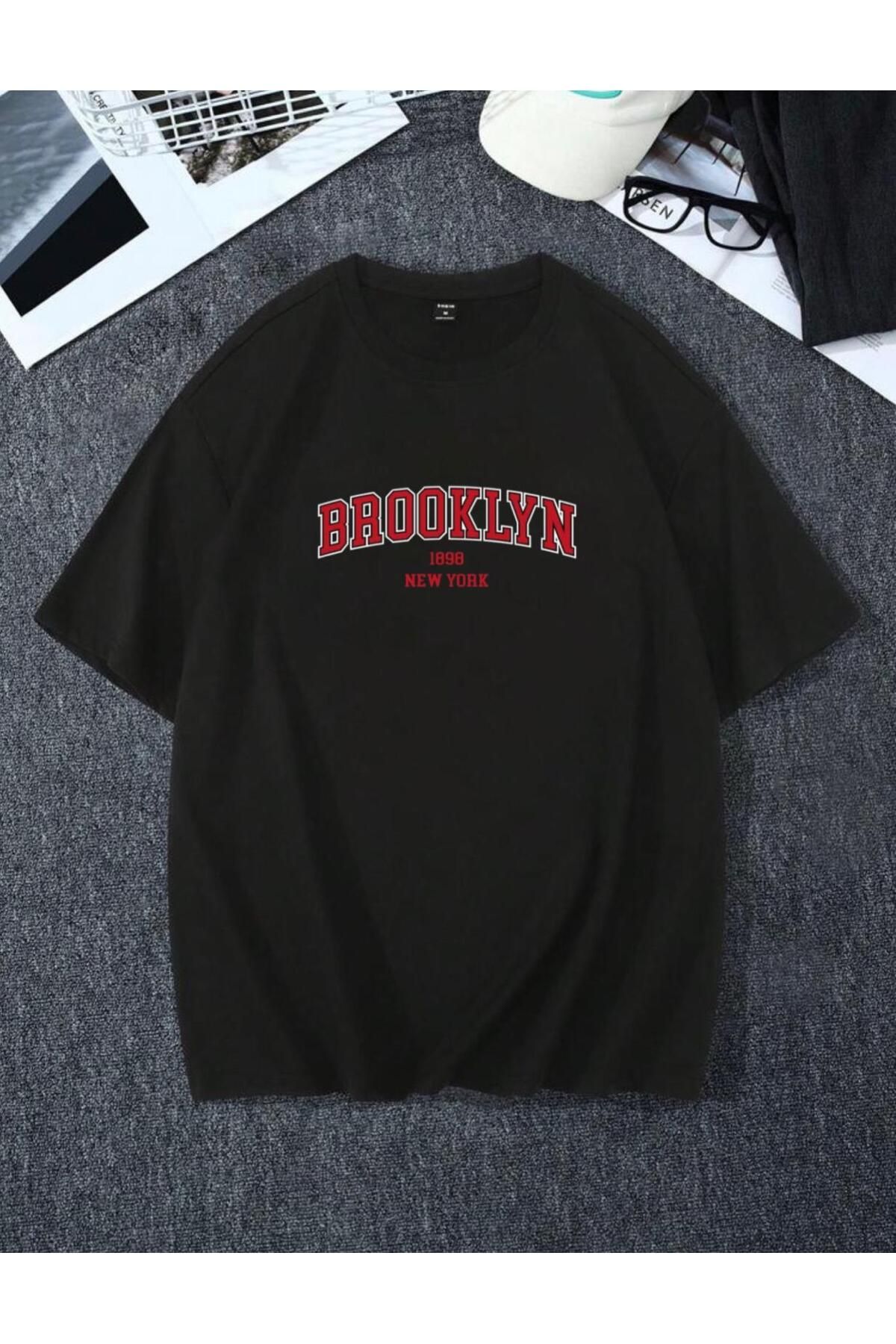 RPT MODA OVERSIZE RAHAT KALIP KIRMIZI BROOKLYN BASKILI YÜKSEK KALİTE KUMAŞ ERKEK T-SHIRT