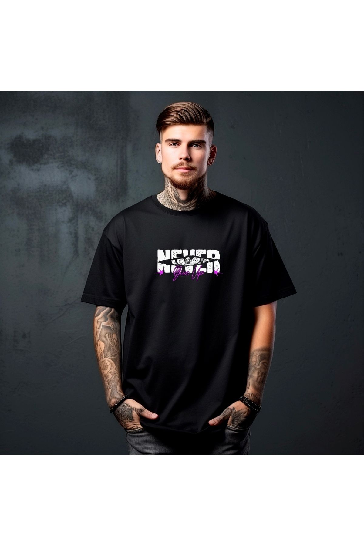 RPT MODA OVERSIZE RAHAT KALIP NEVER BASKILI YÜKSEK KALİTE KUMAŞ ERKEK T-SHIRT