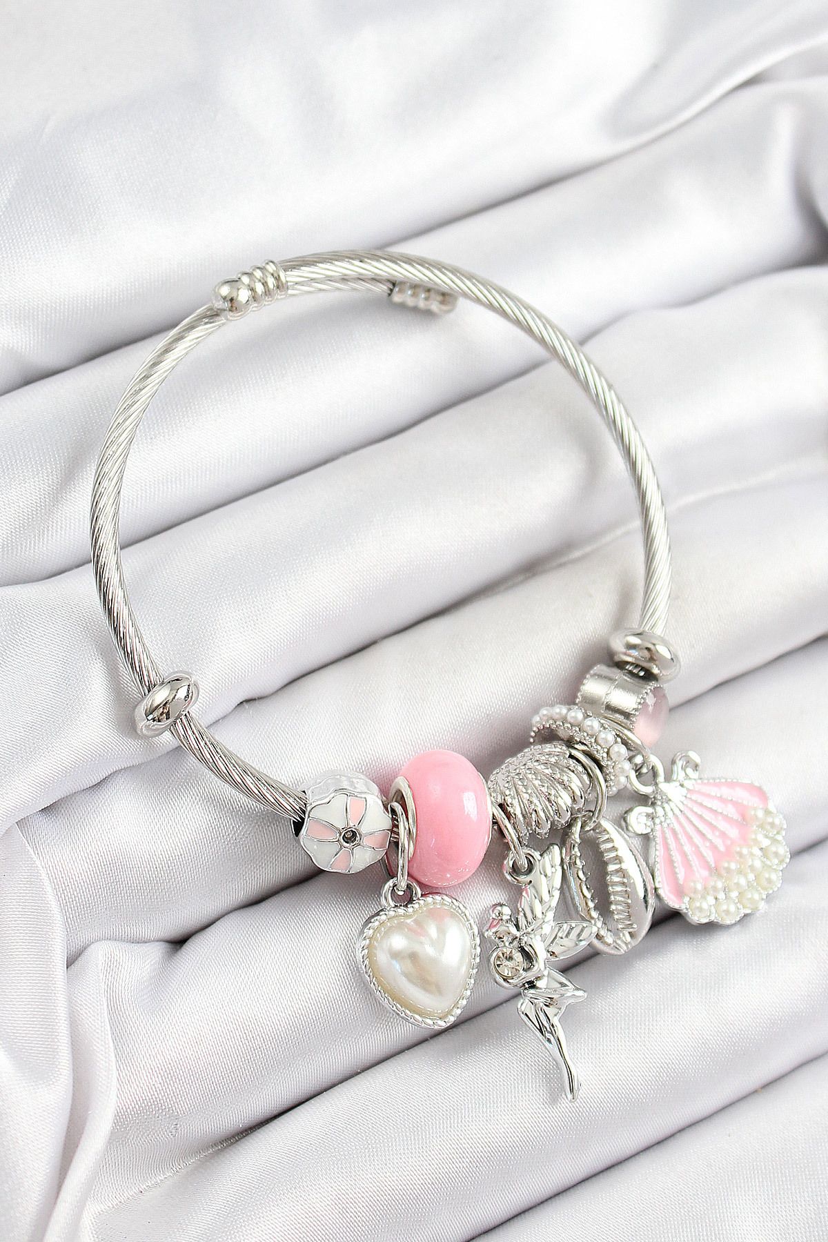 callerrons accessories Pembe Zirkon Taşlı Yıldız Melek İstiridye Ve Kalp Model Gümüş Renk Charm Bileklik - EBJ250628W35923