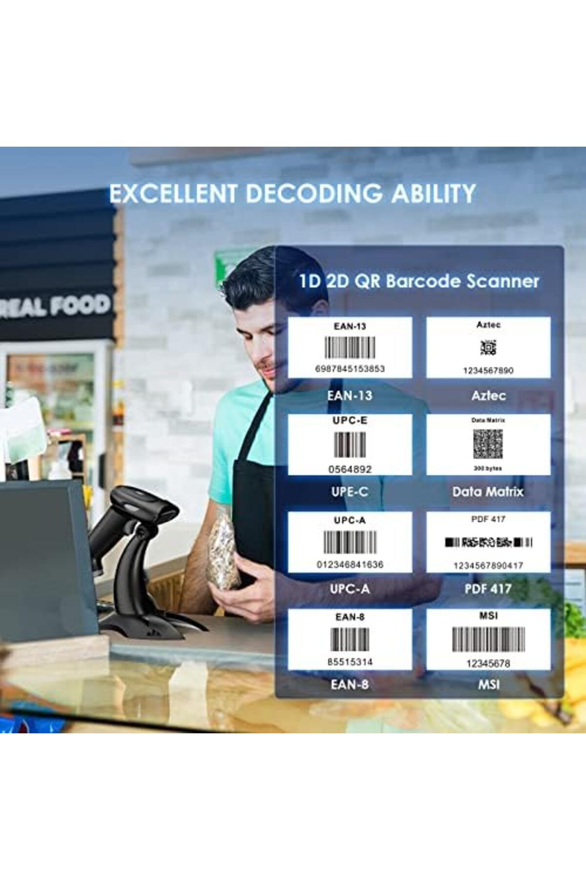 Eyoyo-2D 1D Wireless Barcode Scanner With Stand, 3-in-1 Barcode Reader 4