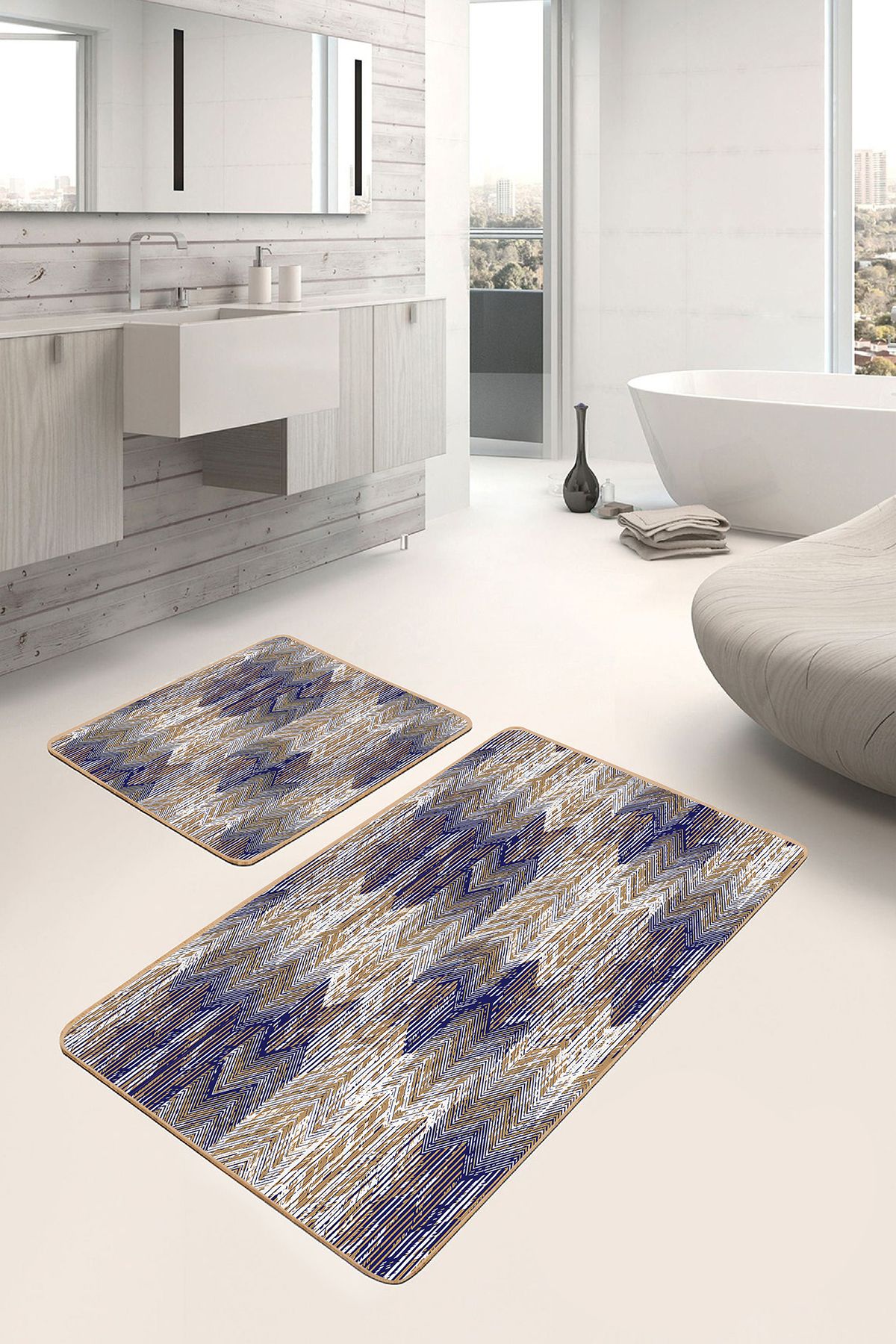 Realhomes Lacivert Zeminde Zikzak Motifli Eskitme Geometrik Eskitme Motifli 2'li Banyo & Mutfak Paspas Takımı