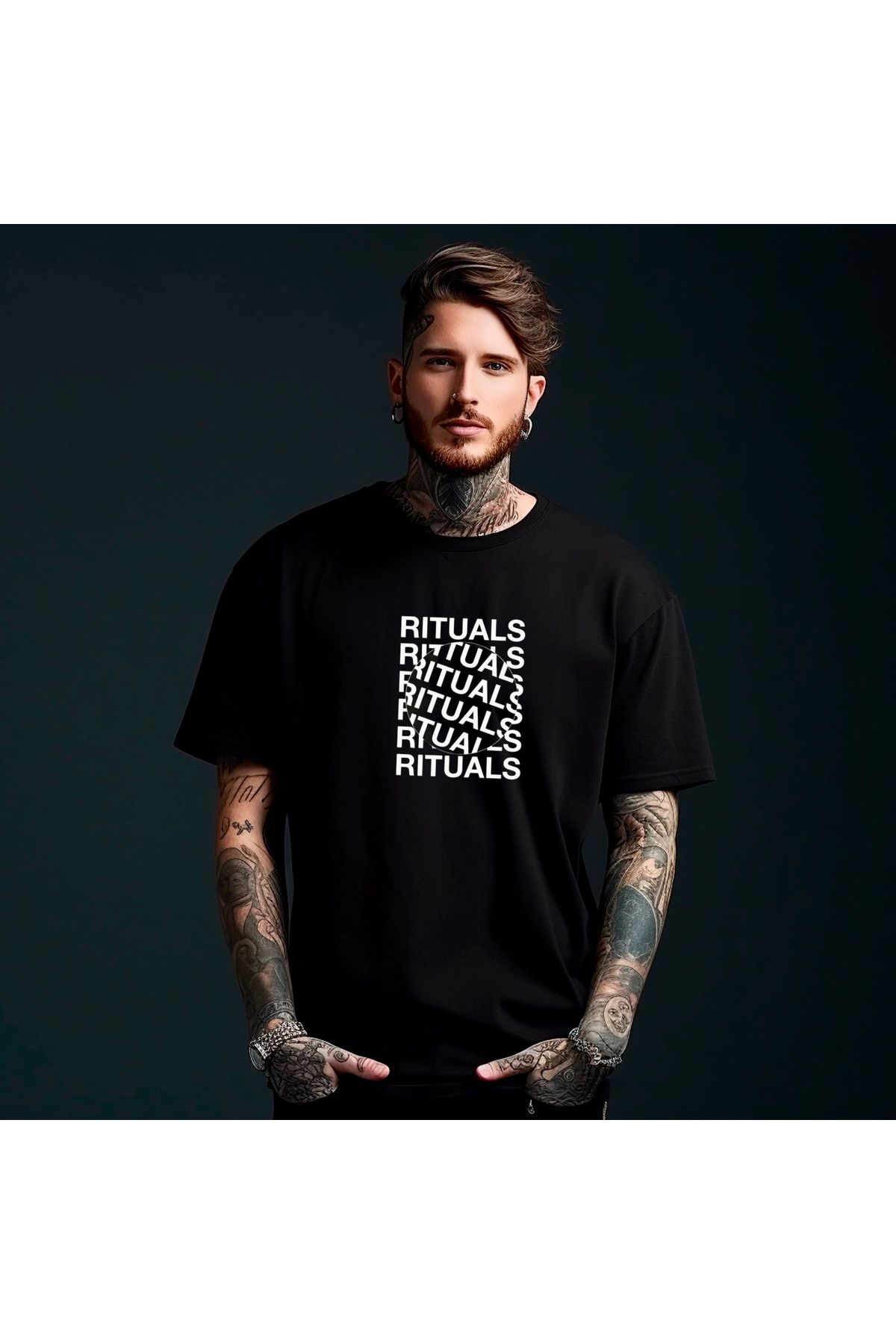 RPT MODA OVERSIZE RAHAT KALIP RITUALS BASKILI YÜKSEK KALİTE KUMAŞ ERKEK T-SHIRT