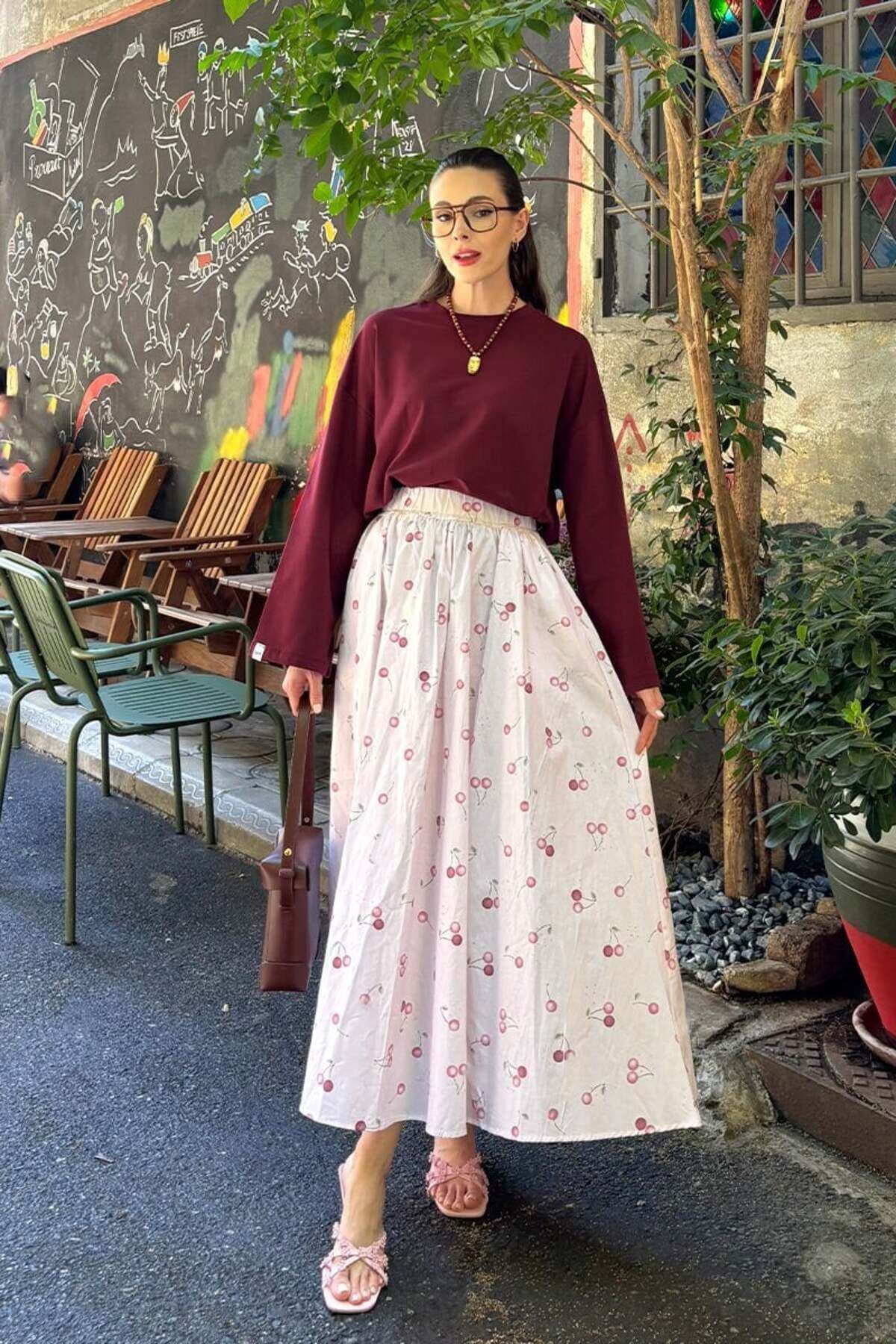 Ceylan Otantik Pembe Kiraz Desen Balon Etek & Bordo Body Takım