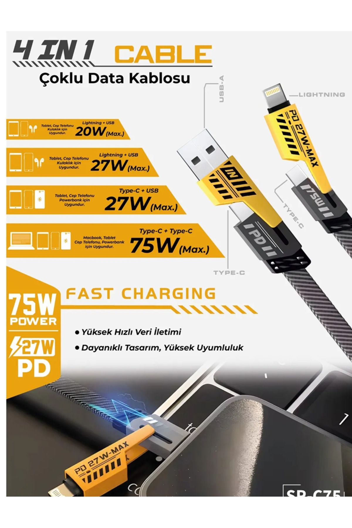 WASHA 75 W 4in1 Şarj Kablosu USB-A Typc-e Lightining Hızlı Şarj 100cm Android İOS Uyumlu
