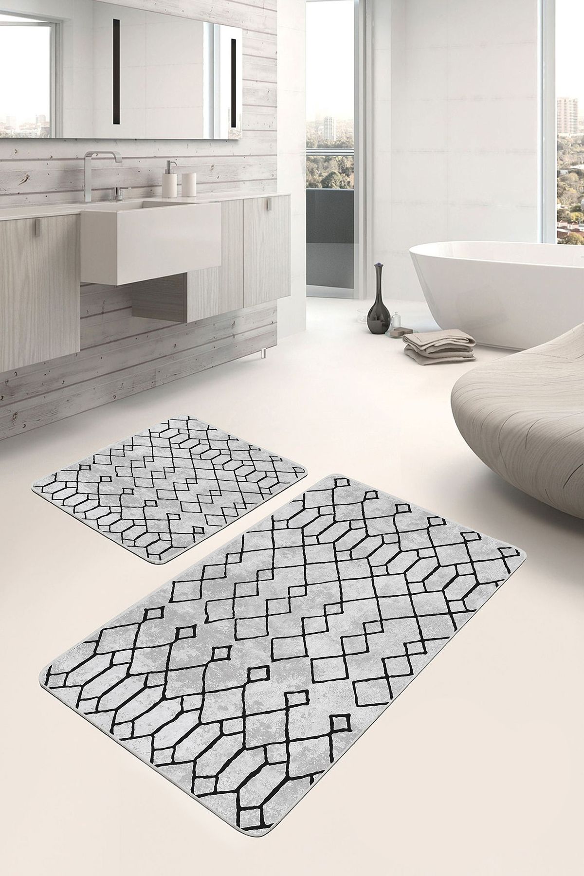 Realhomes Gri Siyah Zeminde Etnik Motifli Geleneksel Etnik Motifler Geometrik 2'li Banyo Mutfak Paspas Takımı