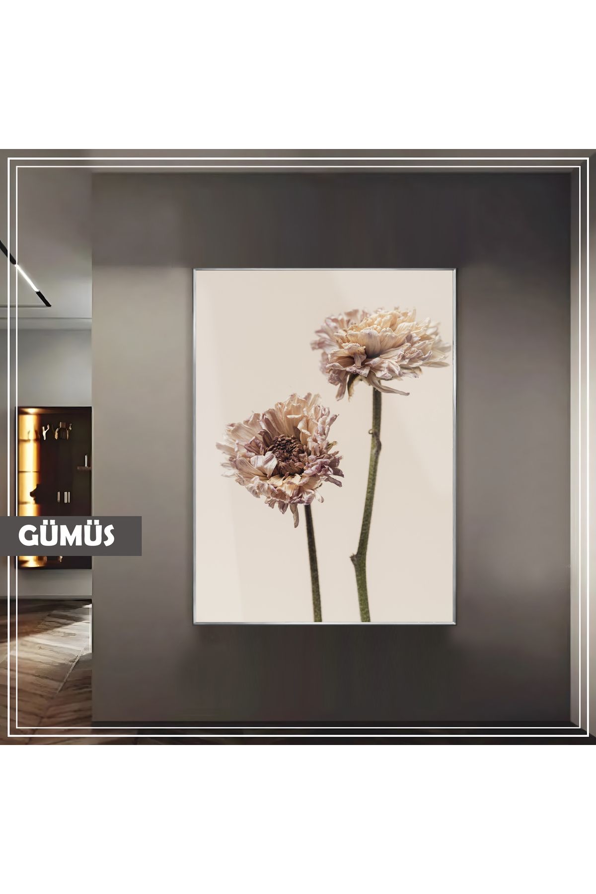 Harikabirev HARİKABİREV|KREM KURU ÇİÇEK (DRIED FLOWER) MODELİ|ÇERÇEVELİ TEMPERLİ CAM TABLO TEKLİ DİKEY