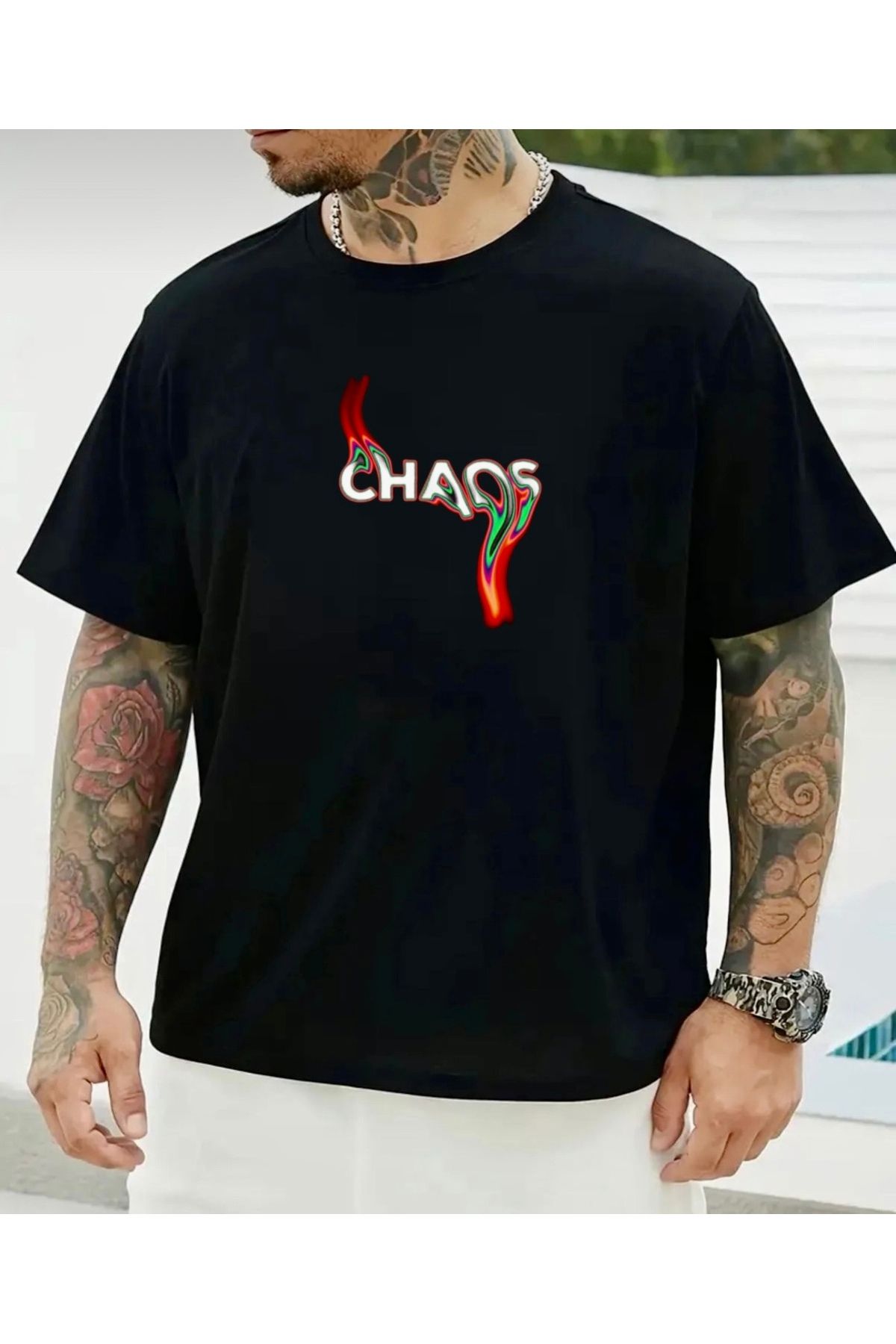 RPT MODA OVERSIZE RAHAT KALIP CHAOS BASKILI YÜKSEK KALİTE KUMAŞ ERKEK T-SHIRT