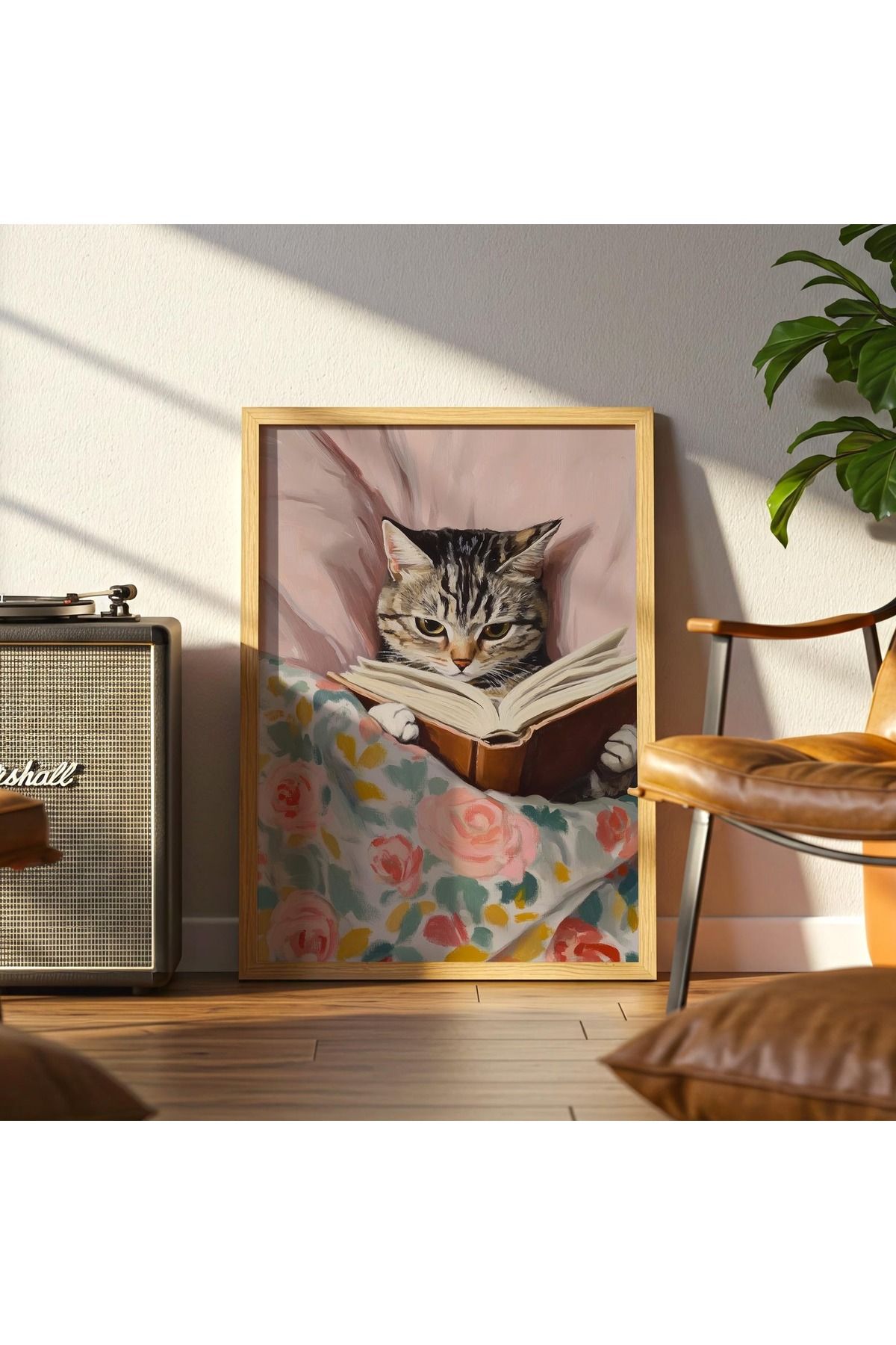 woodhomeworks kitap okuyan kedi tek parça salon ofis dekor tablo
