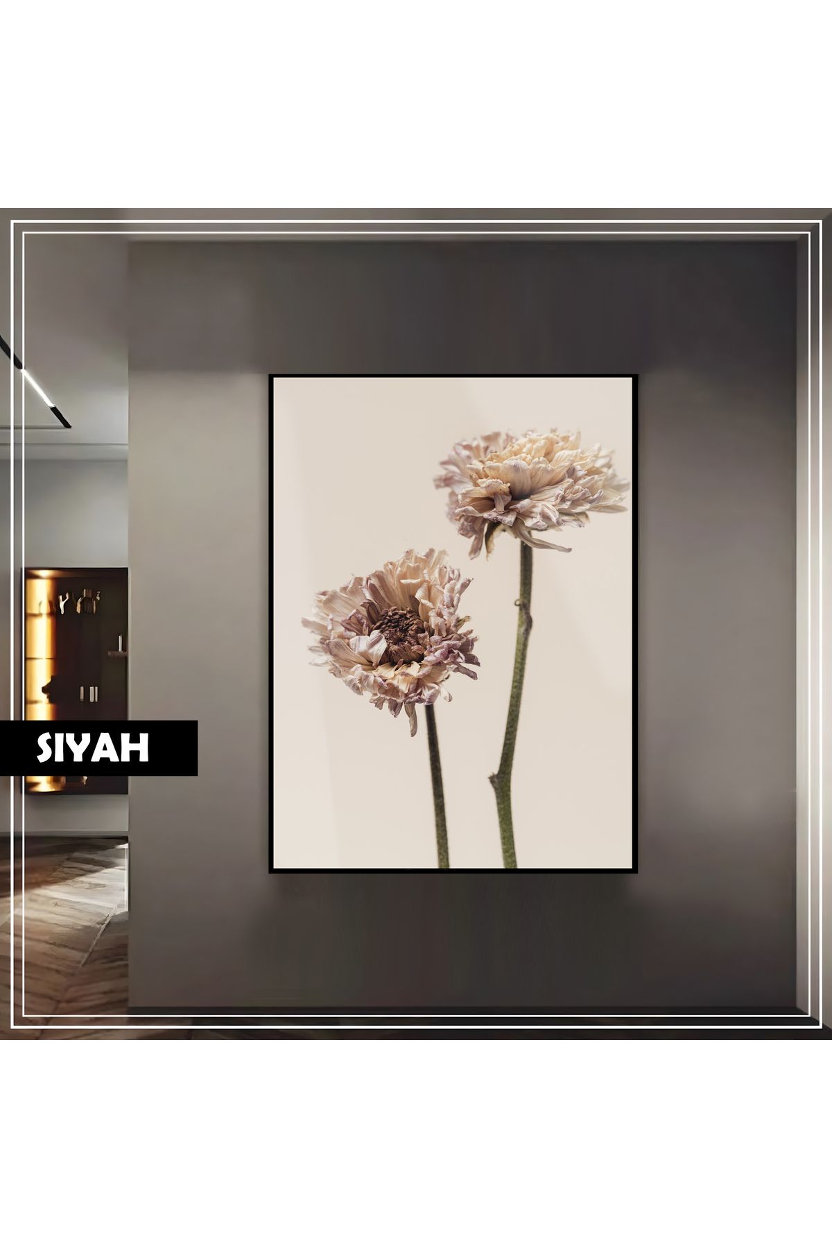 Harikabirev HARİKABİREV|KREM KURU ÇİÇEK (DRIED FLOWER) MODELİ|ÇERÇEVELİ TEMPERLİ CAM TABLO TEKLİ DİKEY