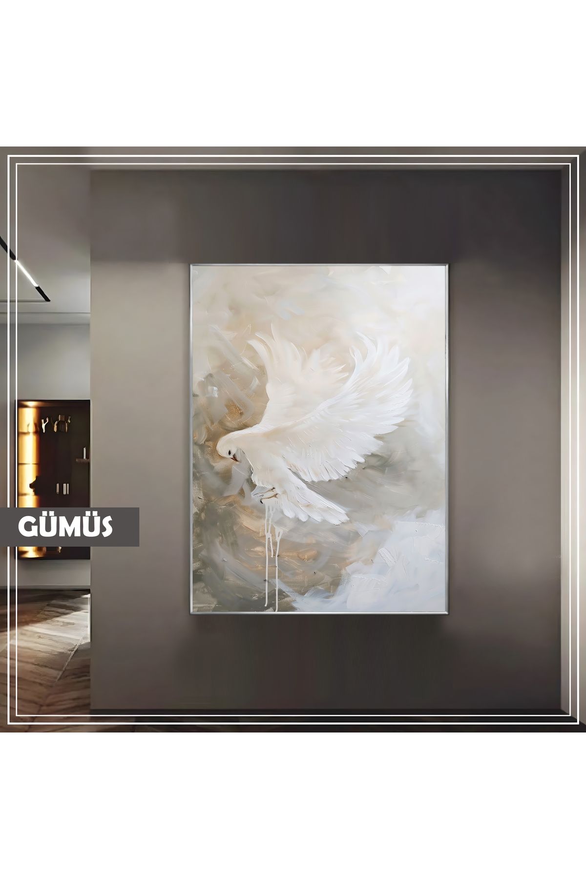 Harikabirev HARİKABİREV|SOFT GRİ KREM KUŞ MODELİ (PAINT)|ÇERÇEVELİ TEMPERLİ CAM TABLO TEKLİ DİKEY