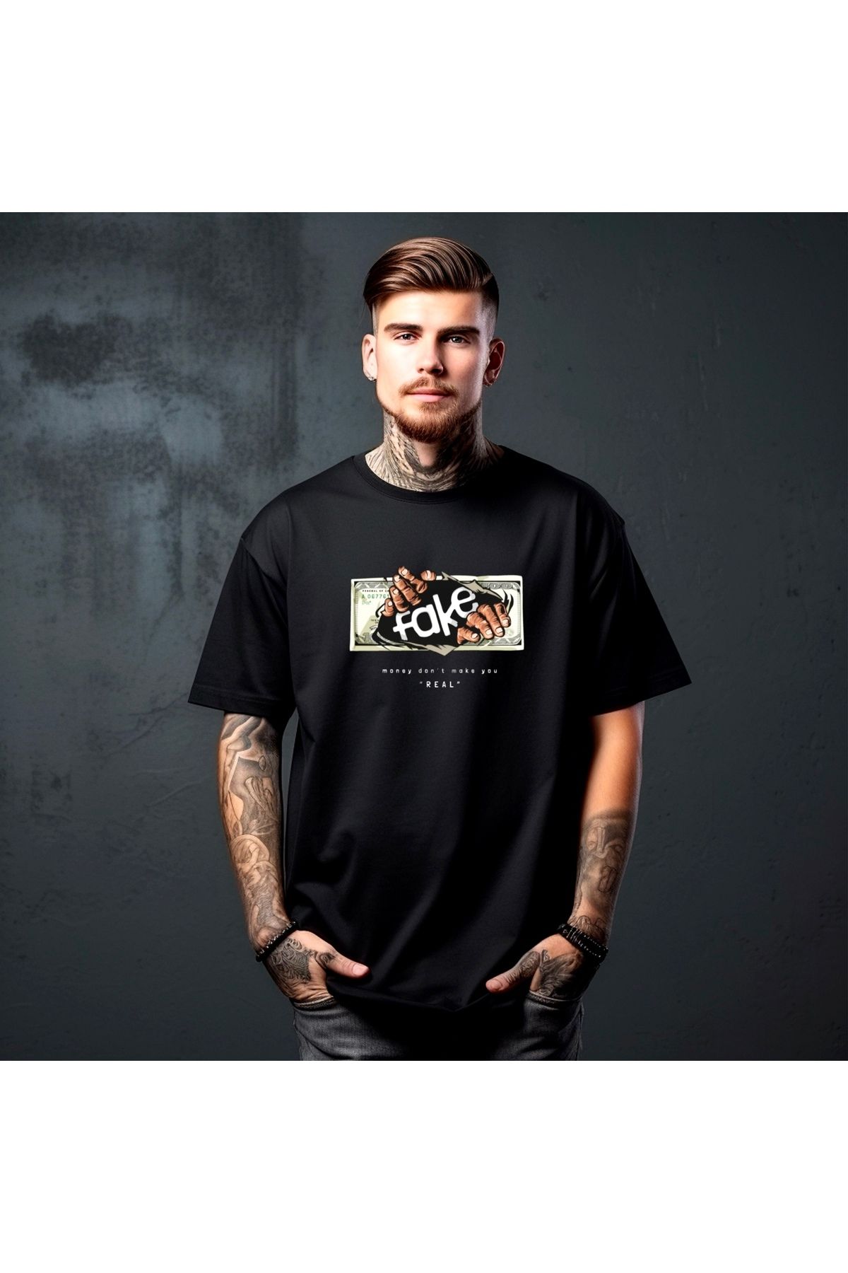 RPT MODA OVERSIZE RAHAT KALIP FAKE DOLLAR BASKILI YÜKSEK KALİTE KUMAŞ ERKEK T-SHIRT