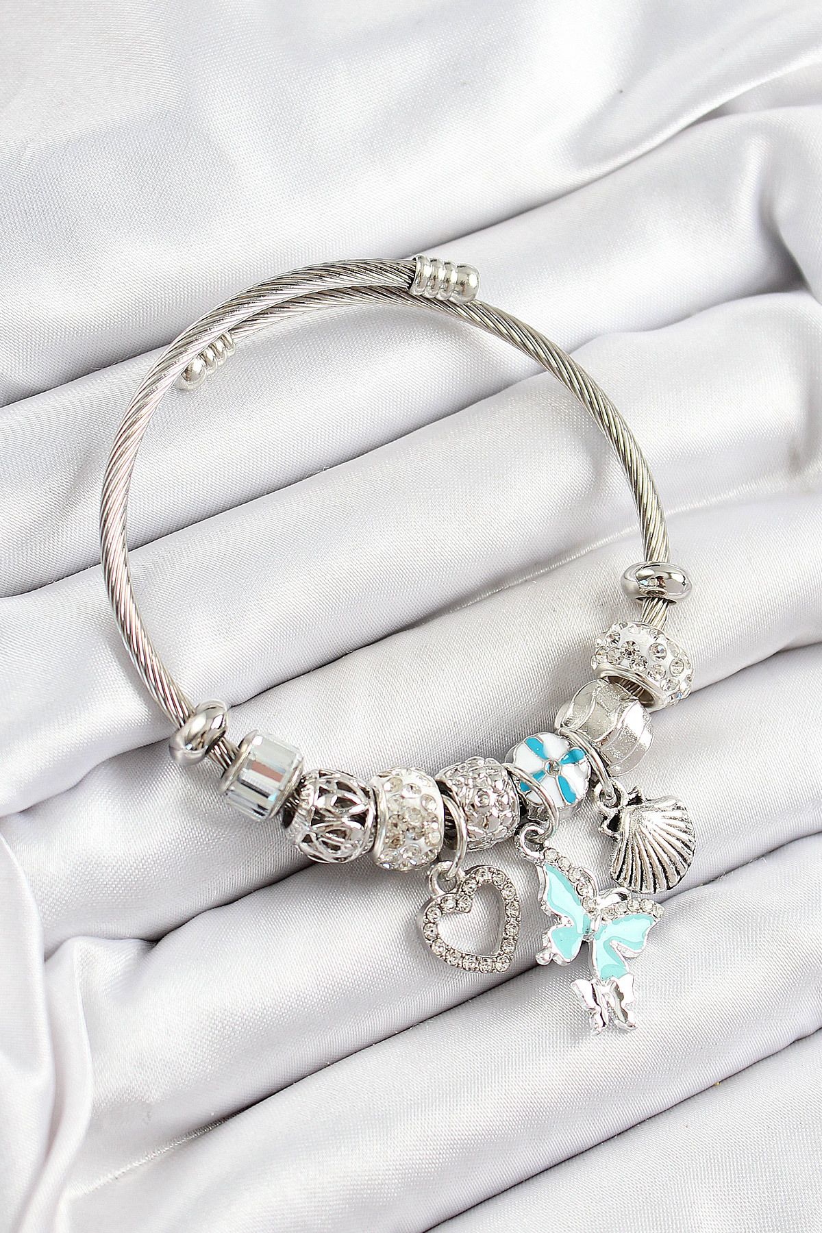 callerrons accessories Mavi Zirkon Taşlı Kalp Kelebek Ve İstiridye Model Gümüş Renk Charm Bileklik - EBJ250628W35908
