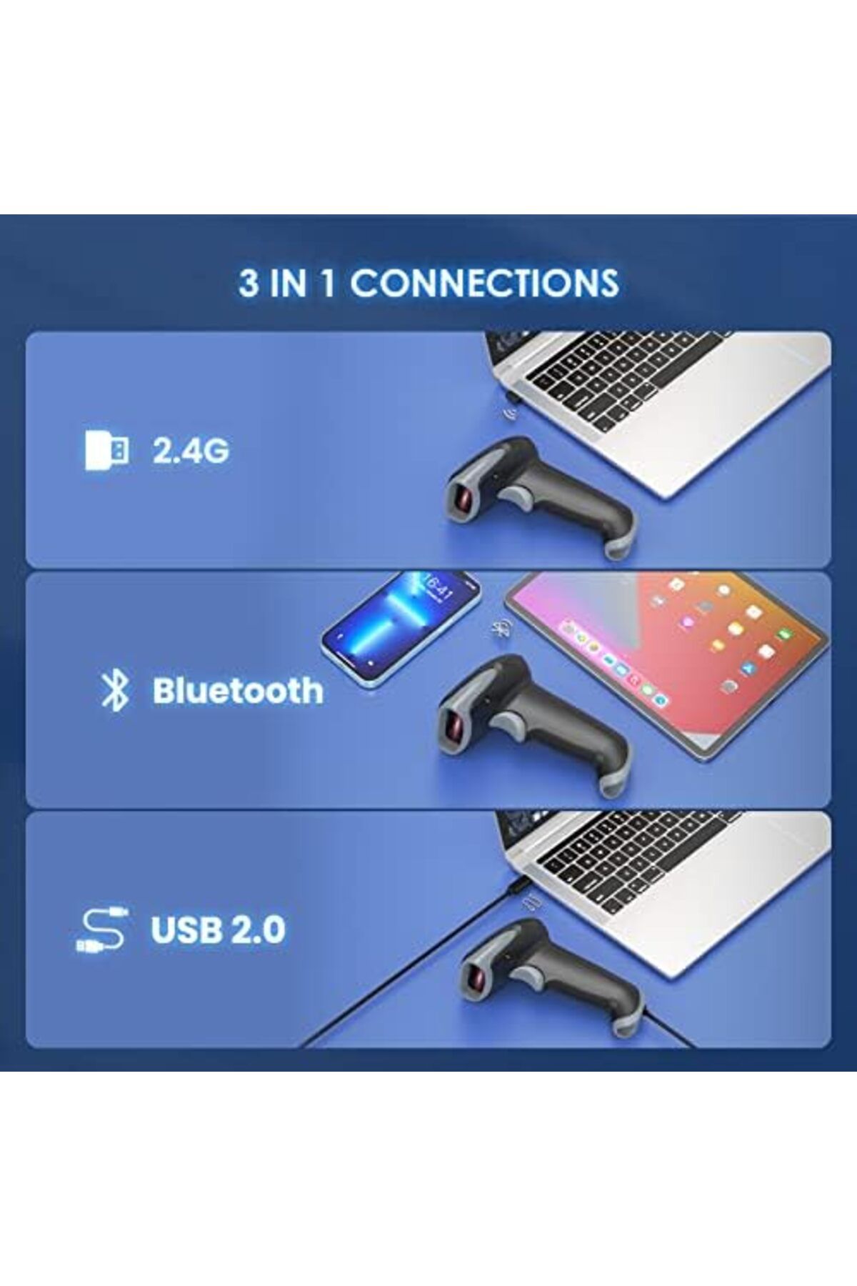 Eyoyo-2D 1D Wireless Barcode Scanner With Stand, 3-in-1 Barcode Reader 8