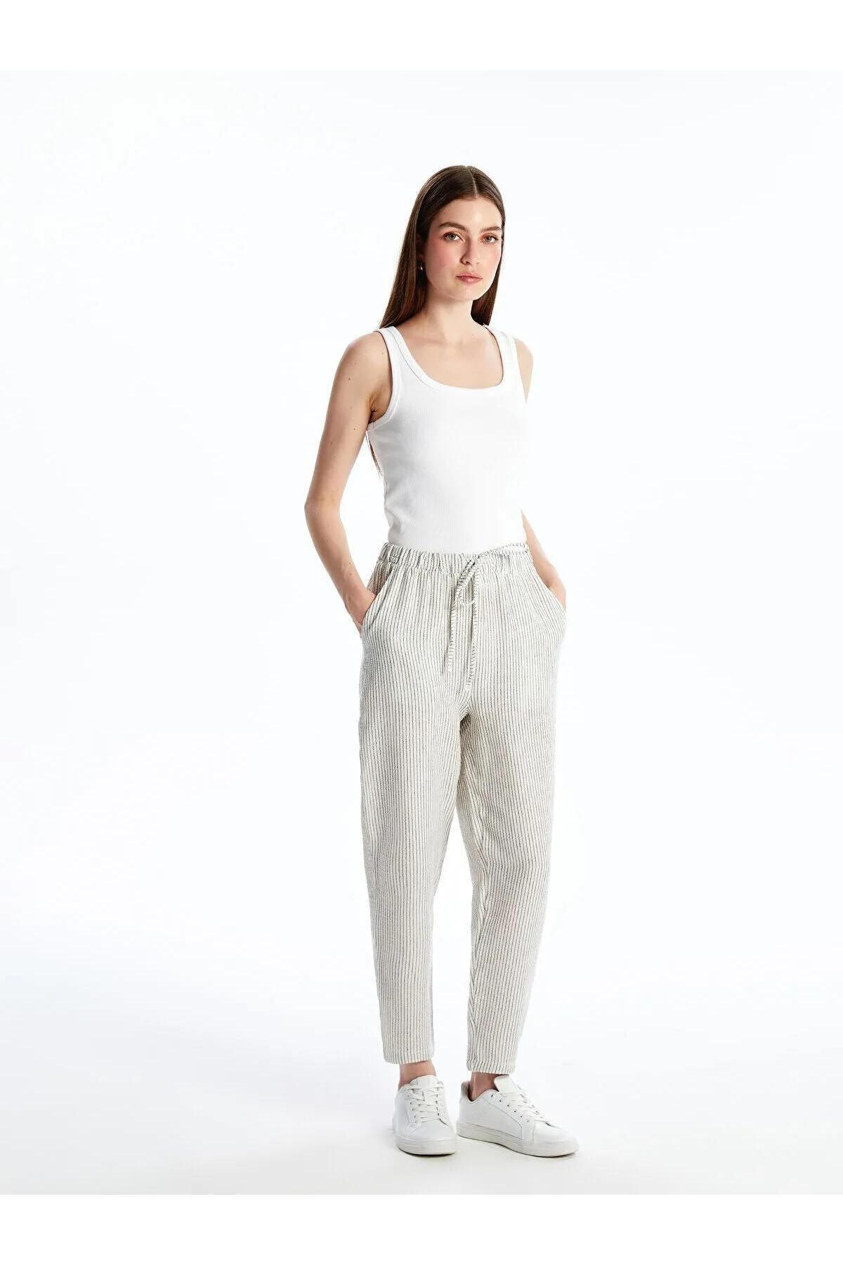 LC Waikiki LCWAIKIKI Classic Beli Lastikli Çizgili Müslin Kadın Pantolon (S5)