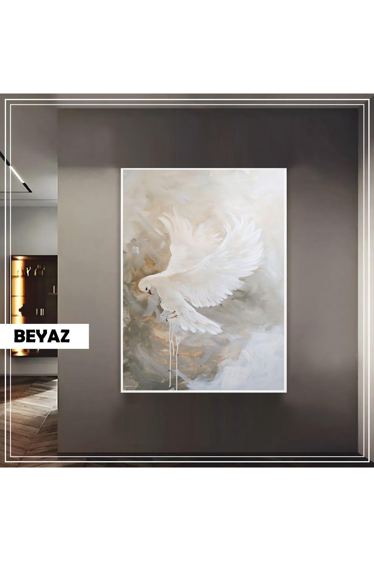 Harikabirev HARİKABİREV|SOFT GRİ KREM KUŞ MODELİ (PAINT)|ÇERÇEVELİ TEMPERLİ CAM TABLO TEKLİ DİKEY