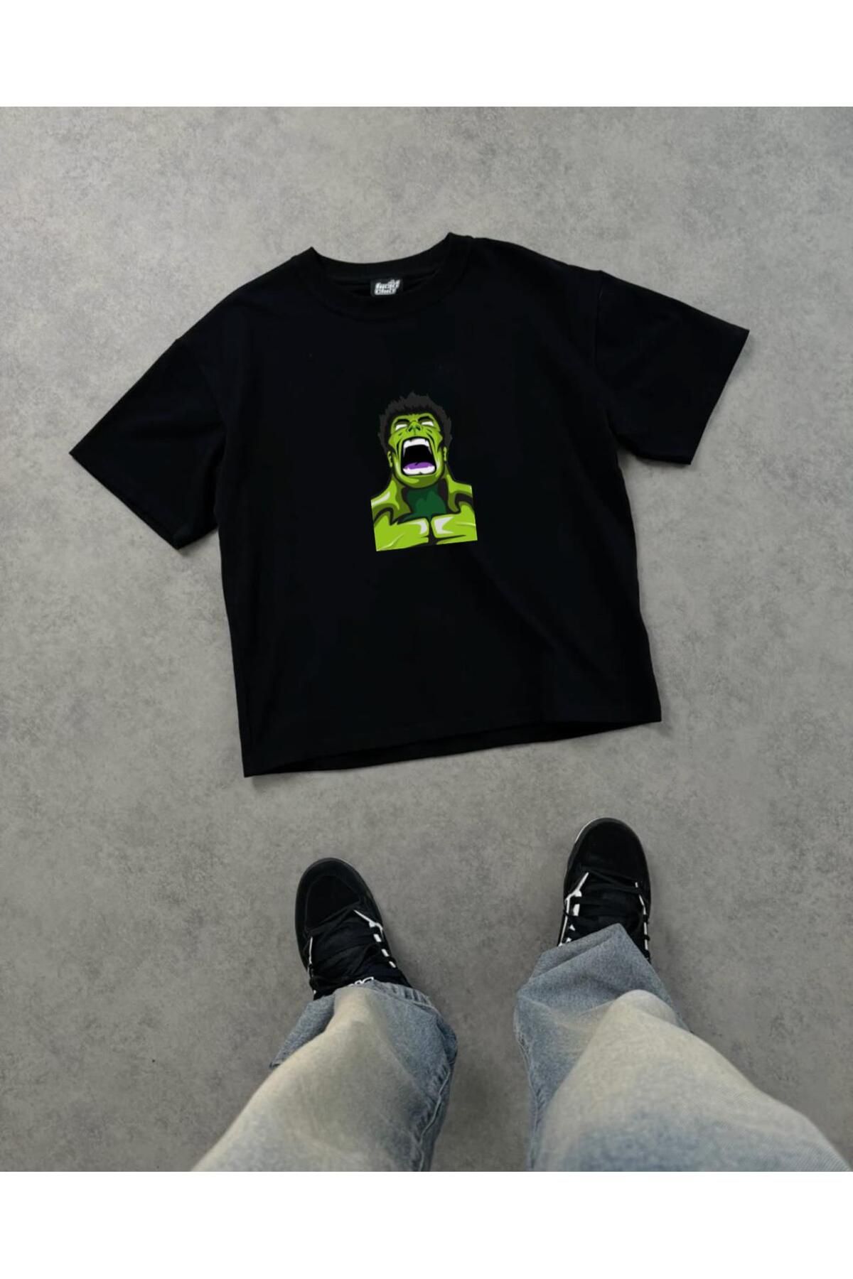 RPT MODA OVERSIZE RAHAT KALIP YEŞİL HULKK BASKILI YÜKSEK KALİTE KUMAŞ ERKEK T-SHIRT