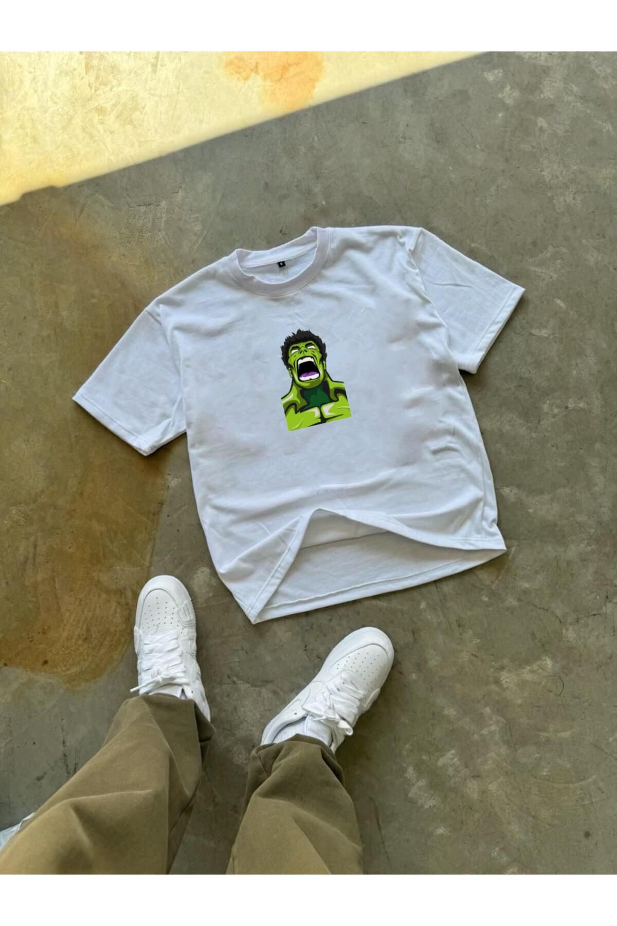 RPT MODA OVERSIZE RAHAT KALIP YEŞİL HULKK BASKILI YÜKSEK KALİTE KUMAŞ ERKEK T-SHIRT