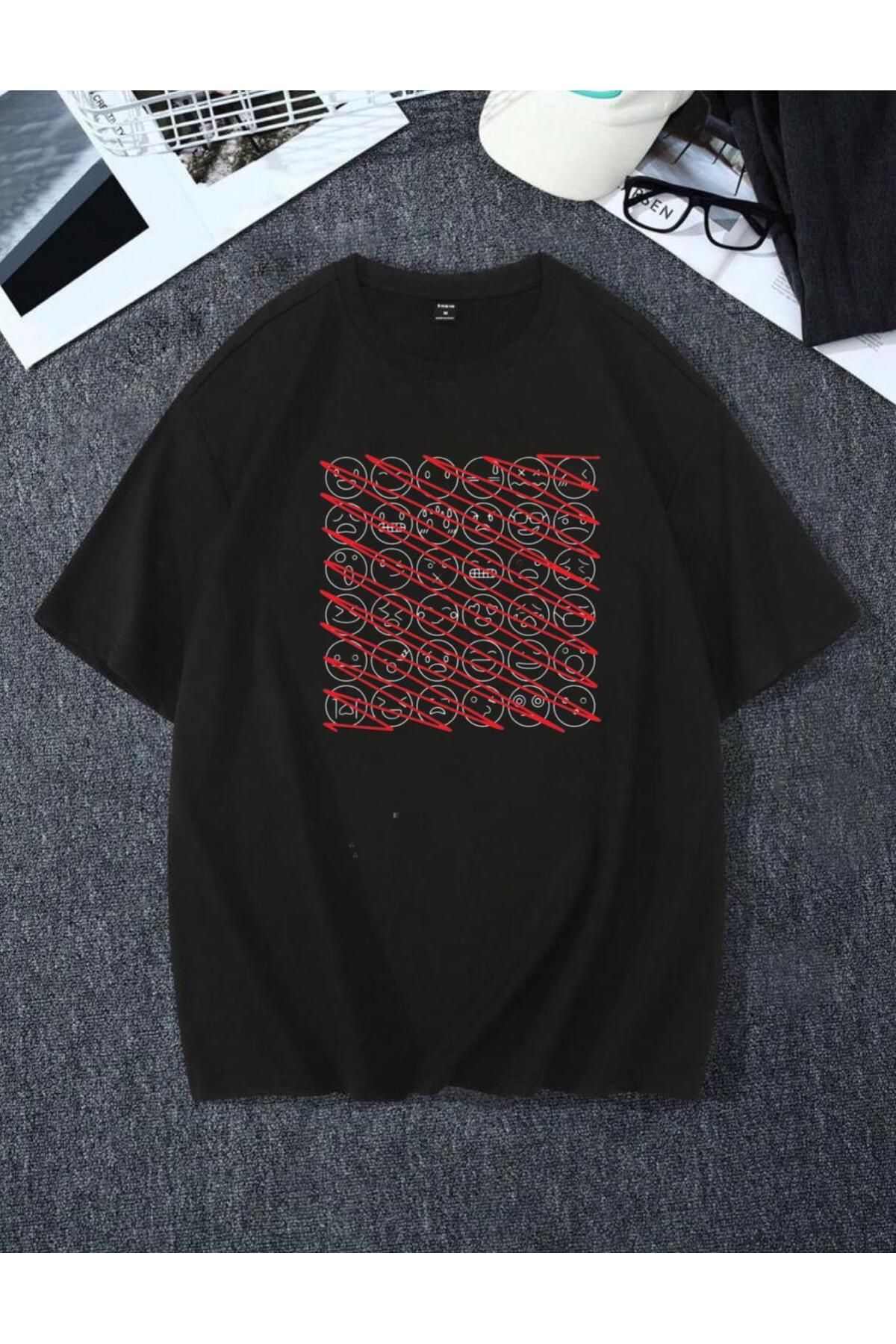 RPT MODA OVERSIZE RAHAT KALIP KIRMIZI EMOJI BASKILI YÜKSEK KALİTE KUMAŞ ERKEK T-SHIRT