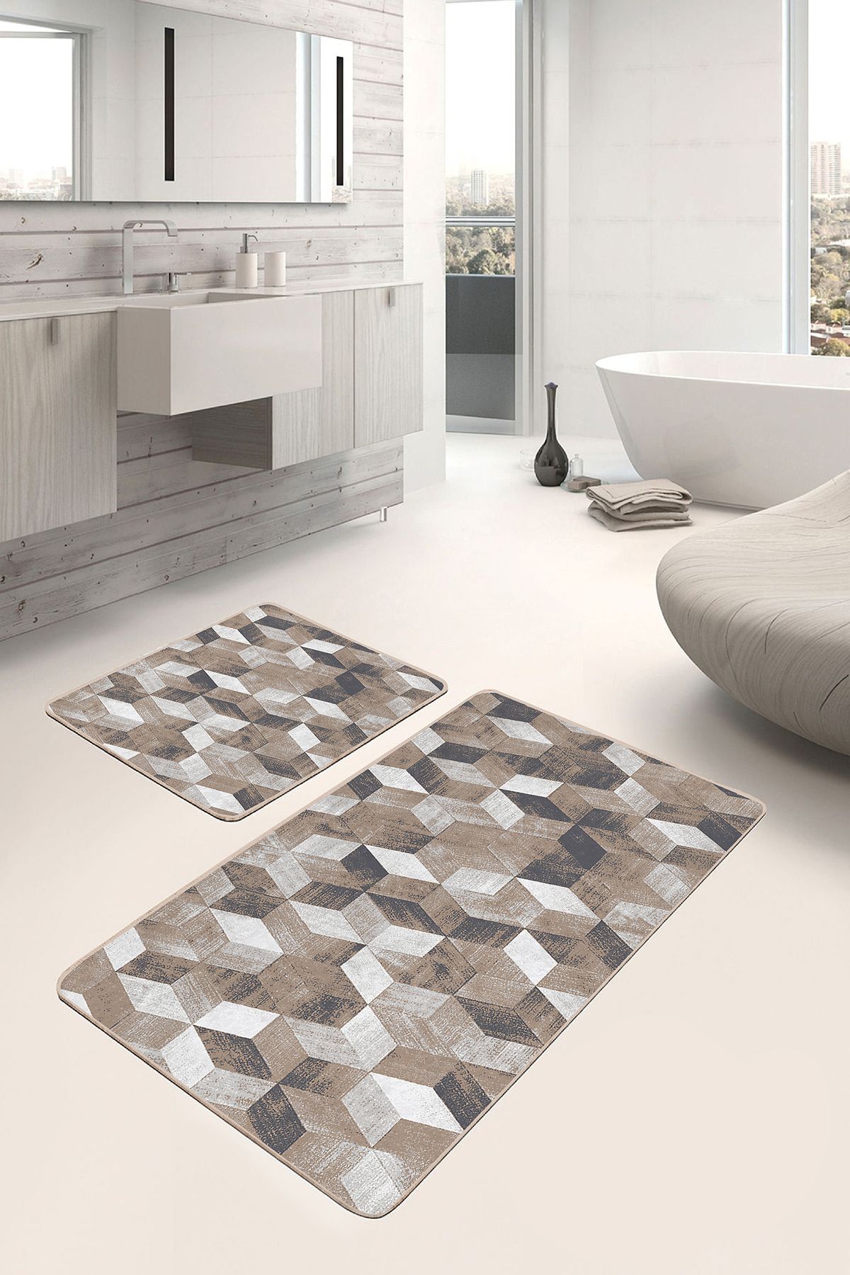 Realhomes Krem - Bej Zeminde Çerçeveli Motifli Antik Eskitme Motifli Geometrik 2'li Banyo Mutfak Paspas Takımı