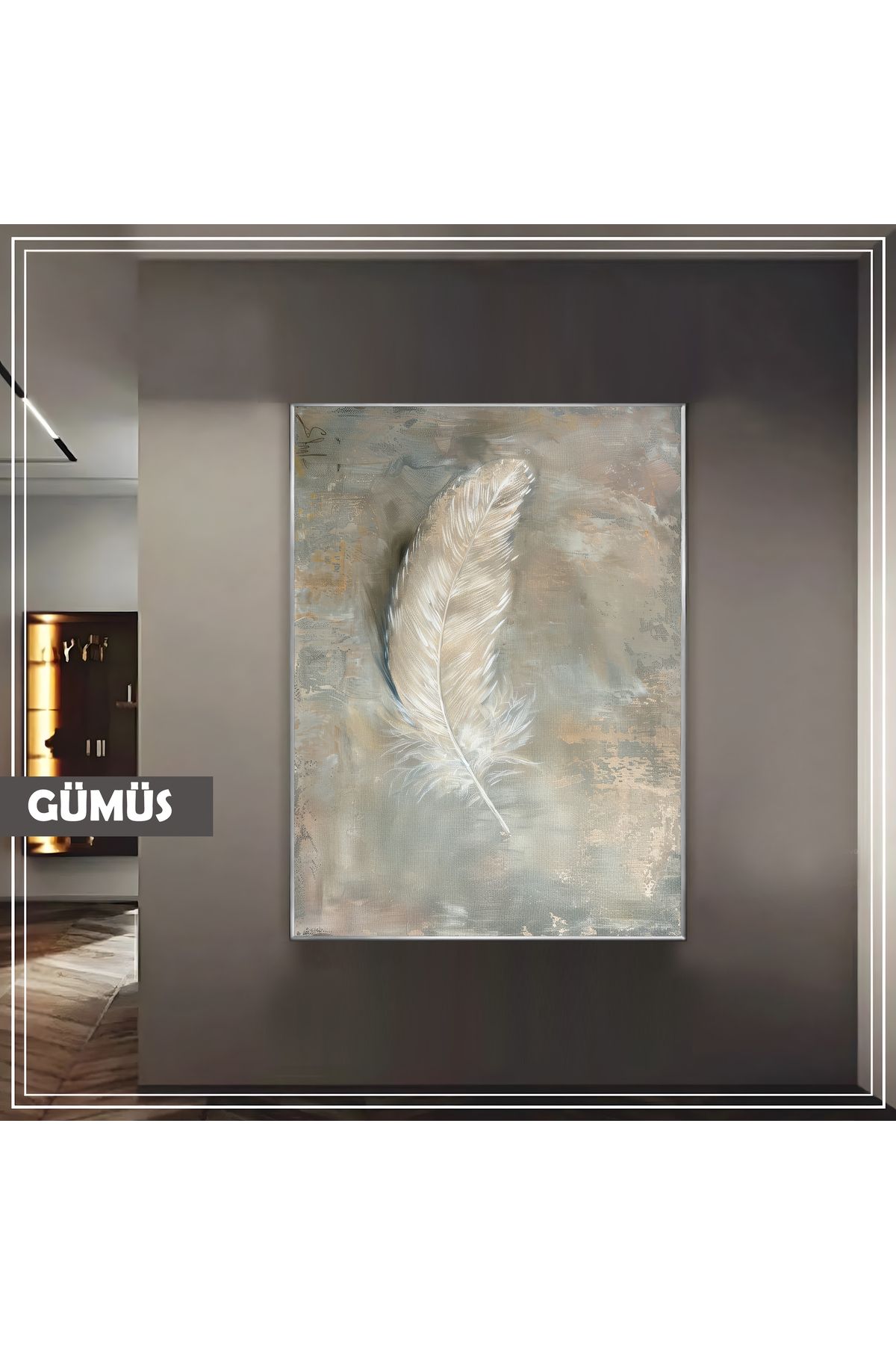 Harikabirev HARİKABİREV|SOFT GRİ KUŞ TÜYÜ MODELİ (PAINT)|ÇERÇEVELİ TEMPERLİ CAM TABLO TEKLİ DİKEY