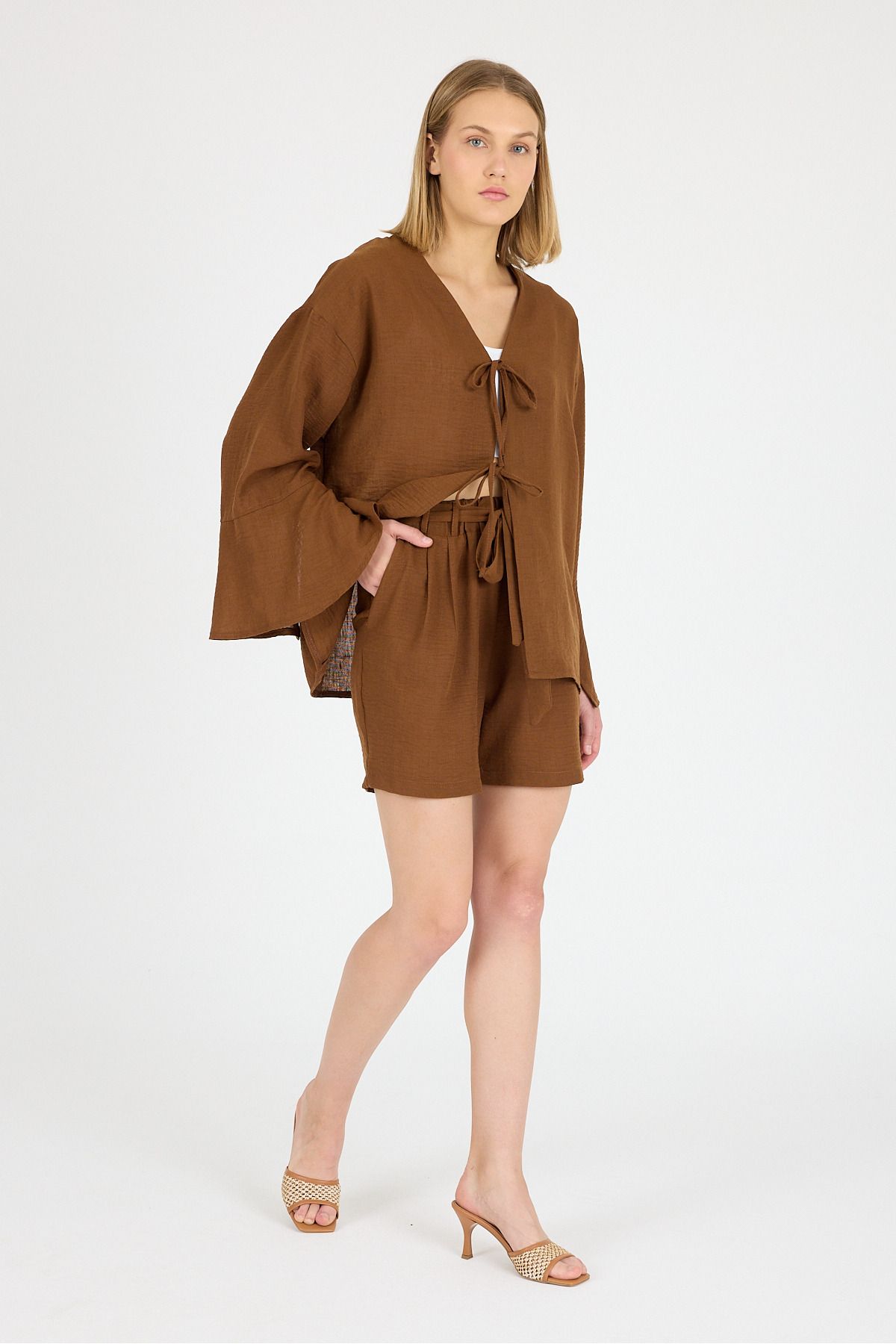 CEE CEEMODA Keten kimono şort takım XS-XXL