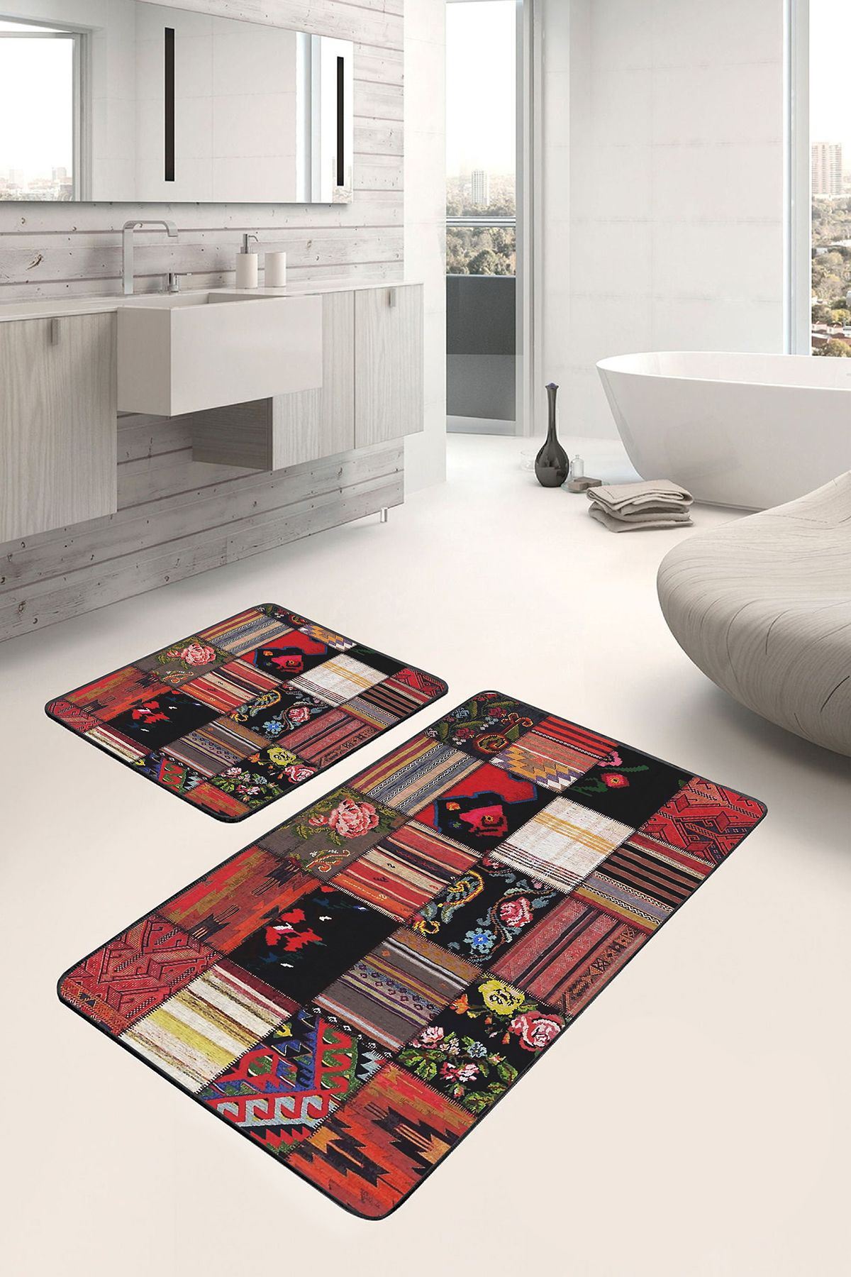 Realhomes Siyah Kırmızı Zeminde Patchwork Motifli Etnik Vintage Etnik Motifler 2'li Banyo Mutfak Paspas Takımı