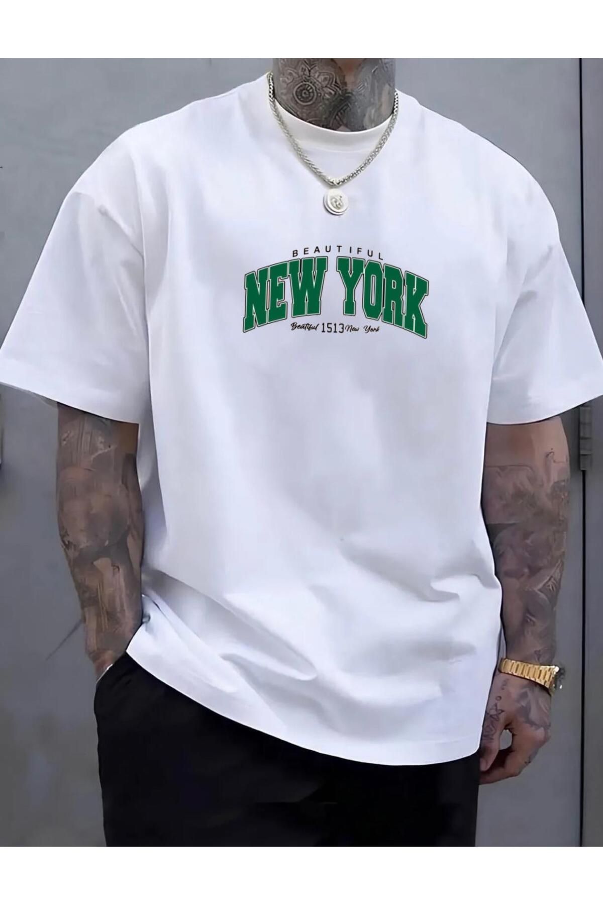 RPT MODA OVERSIZE RAHAT KALIP YEŞİL NEW YORK BASKILI YÜKSEK KALİTE KUMAŞ ERKEK T-SHIRT