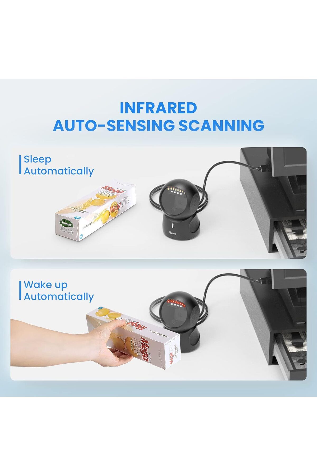 Eyoyo-Barcode Scanner, QR 2D Hands-Free Omnidirectional Automatic Sensing Scanning USB Desktop Barco 9